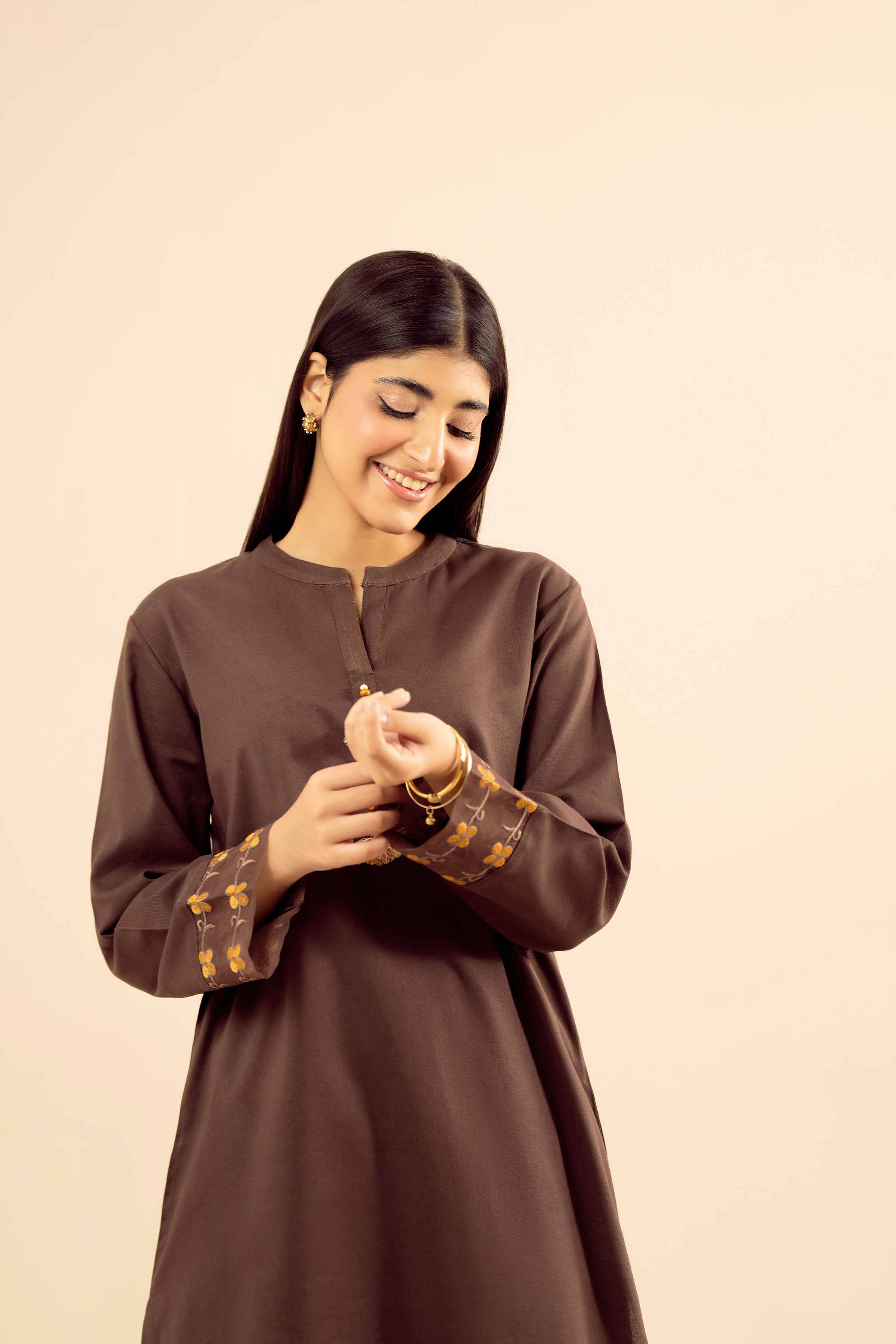 NishatUK - Brown Embroidered Cotton 2-piece ready to wear Dress