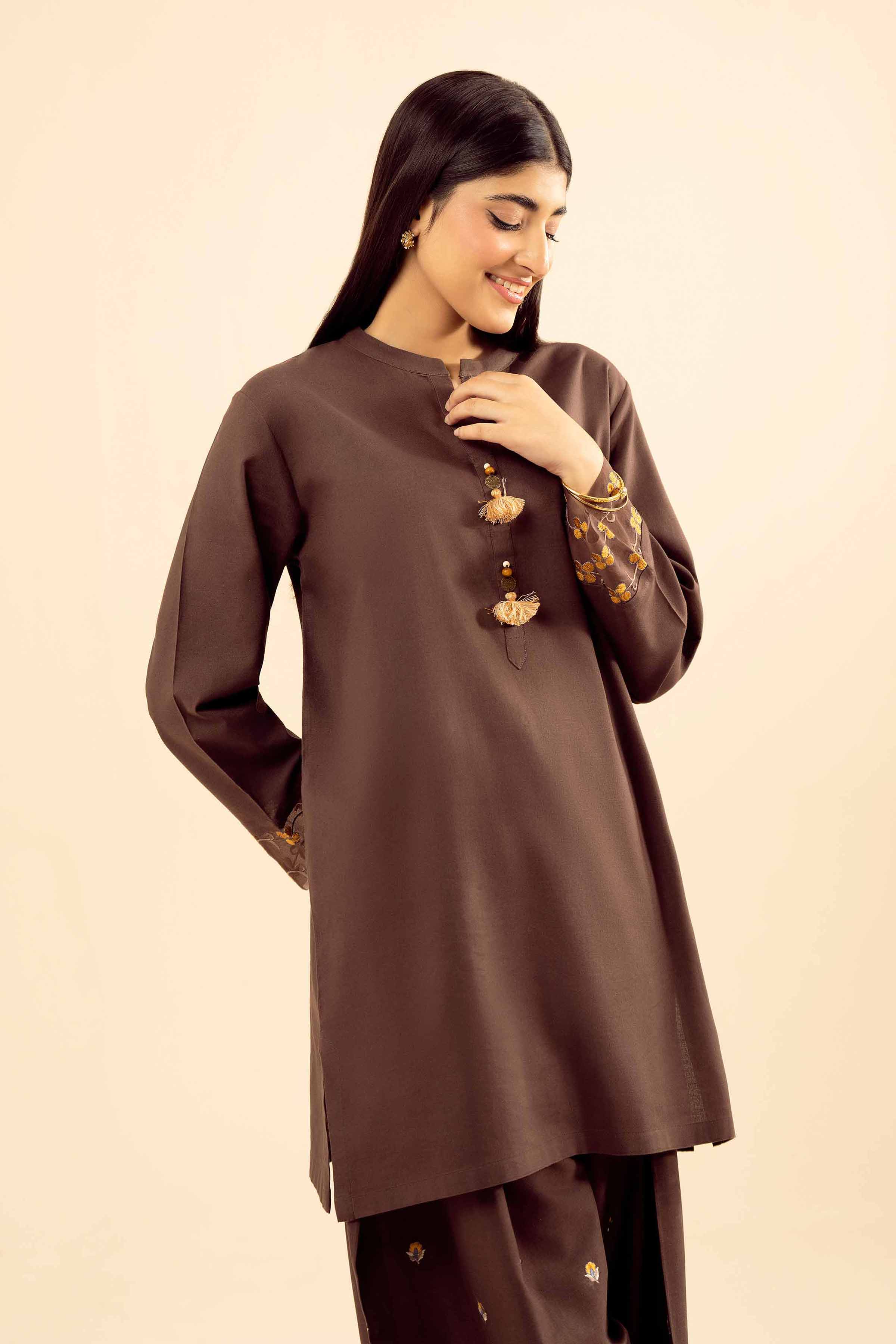 NishatUK - Brown Embroidered Cotton 2-piece ready to wear Dress