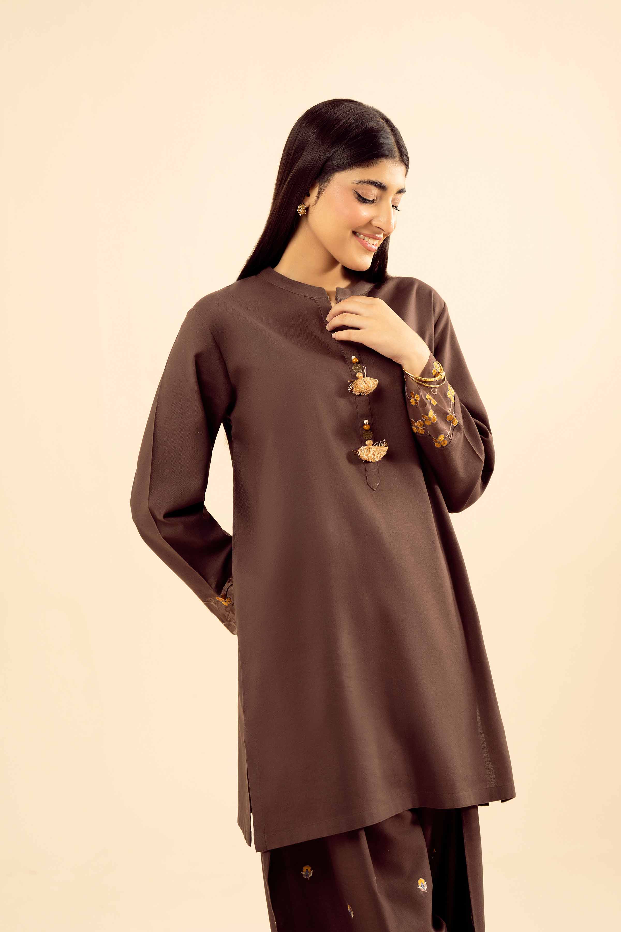 NishatUK - Brown Embroidered Cotton 2-piece ready to wear Dress