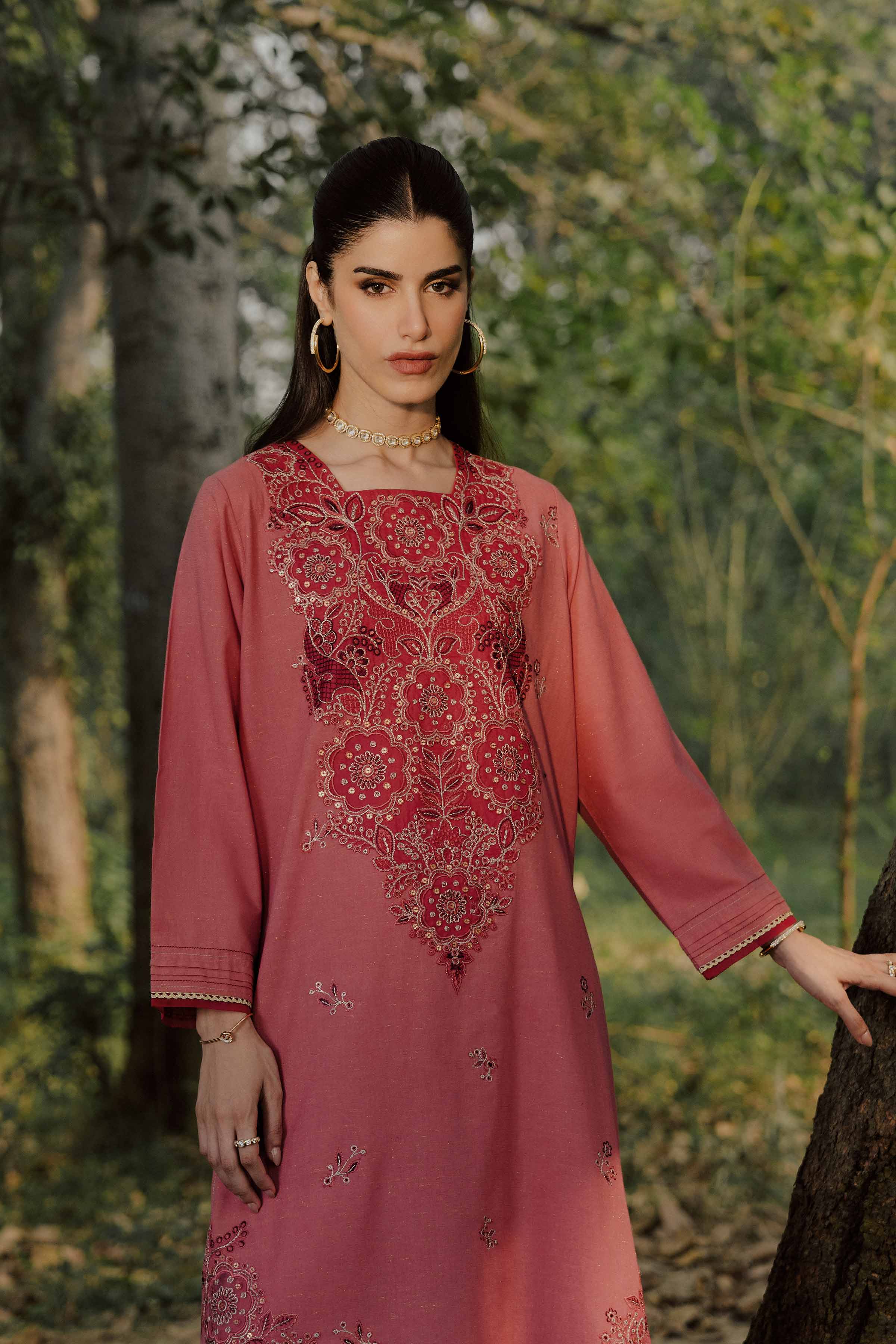 NishatUK - Pink Embroidered Slub 2-piece ready to wear Dress