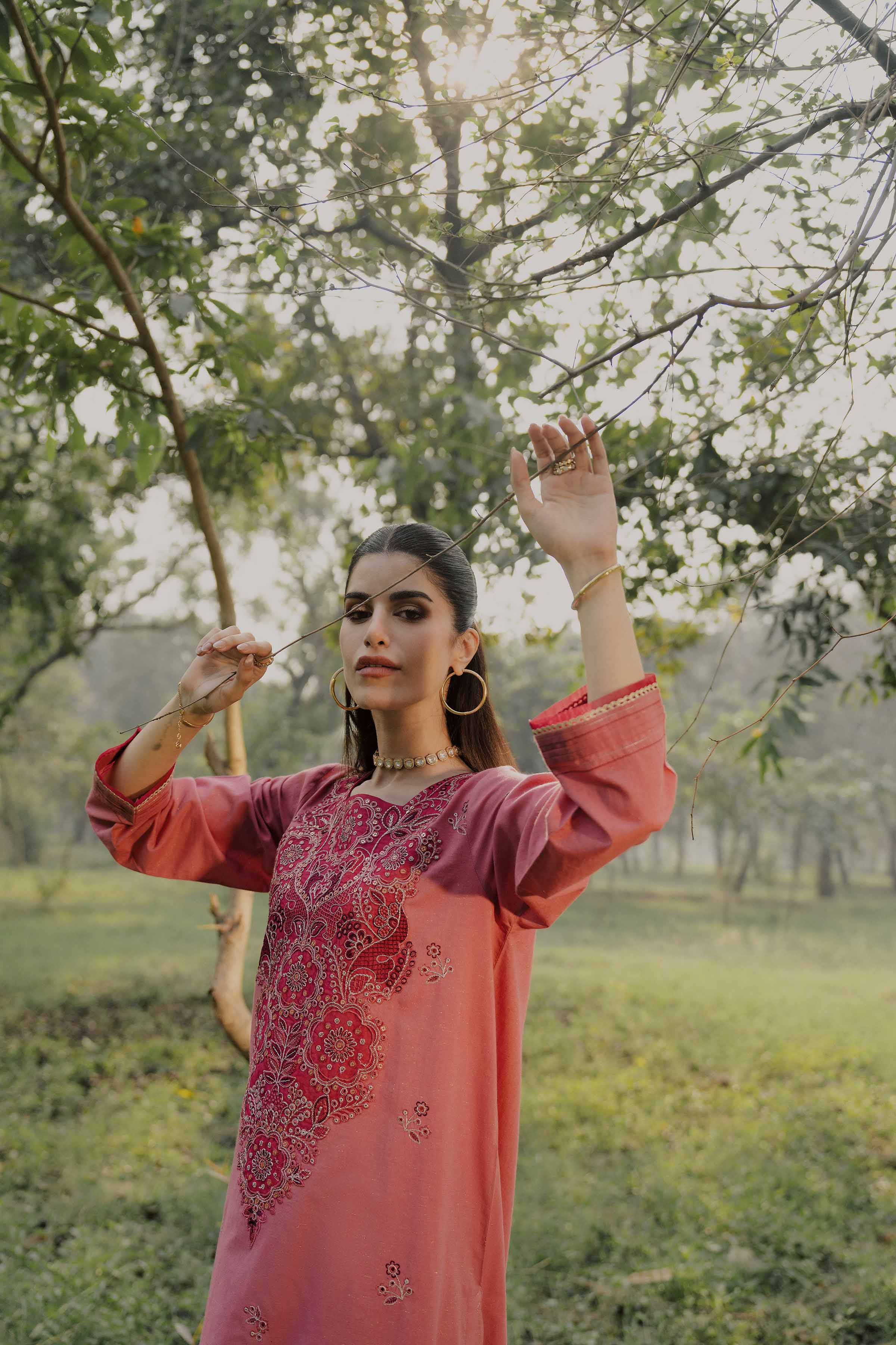 NishatUK - Pink Embroidered Slub 2-piece ready to wear Dress