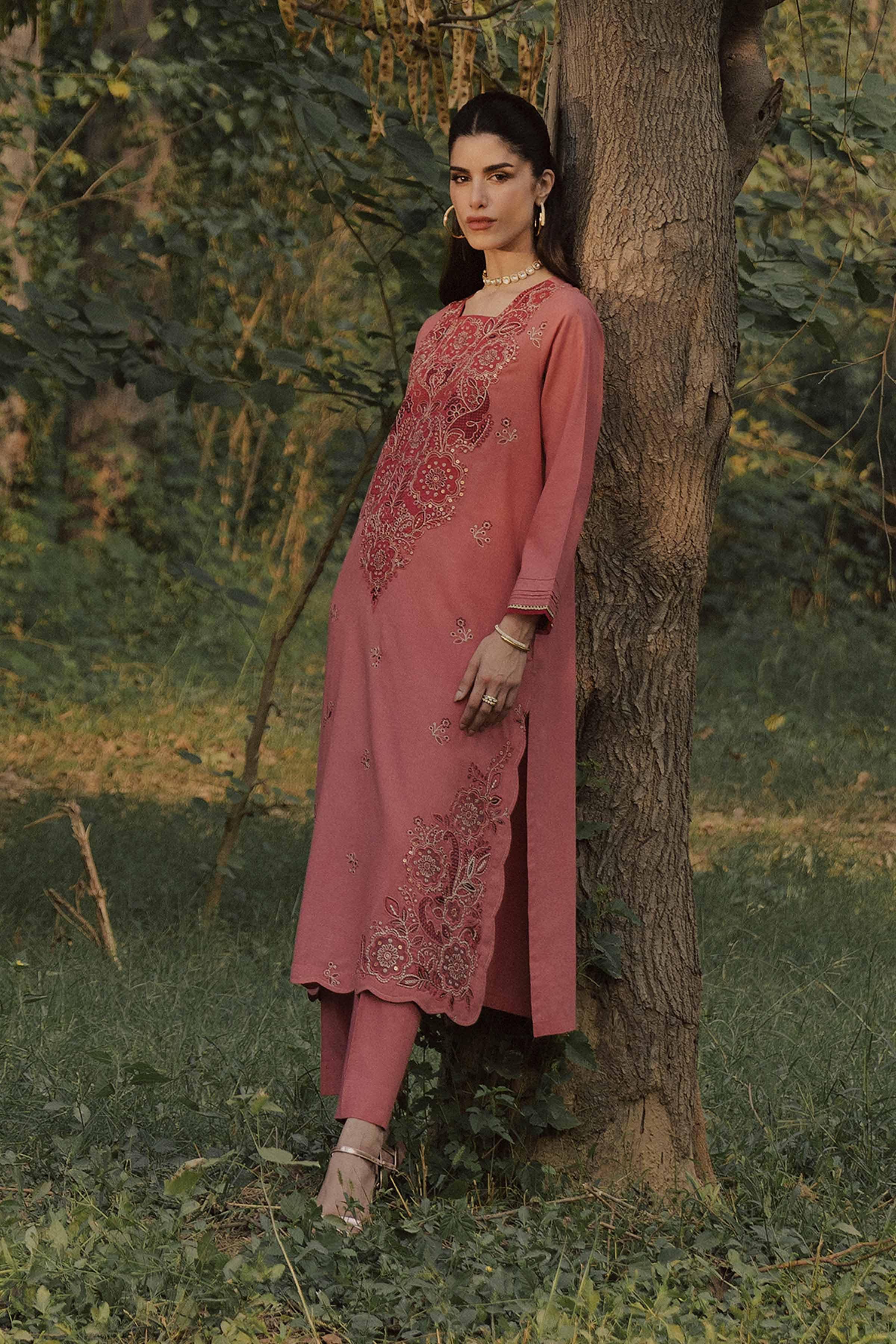 NishatUK - Pink Embroidered Slub 2-piece ready to wear Dress