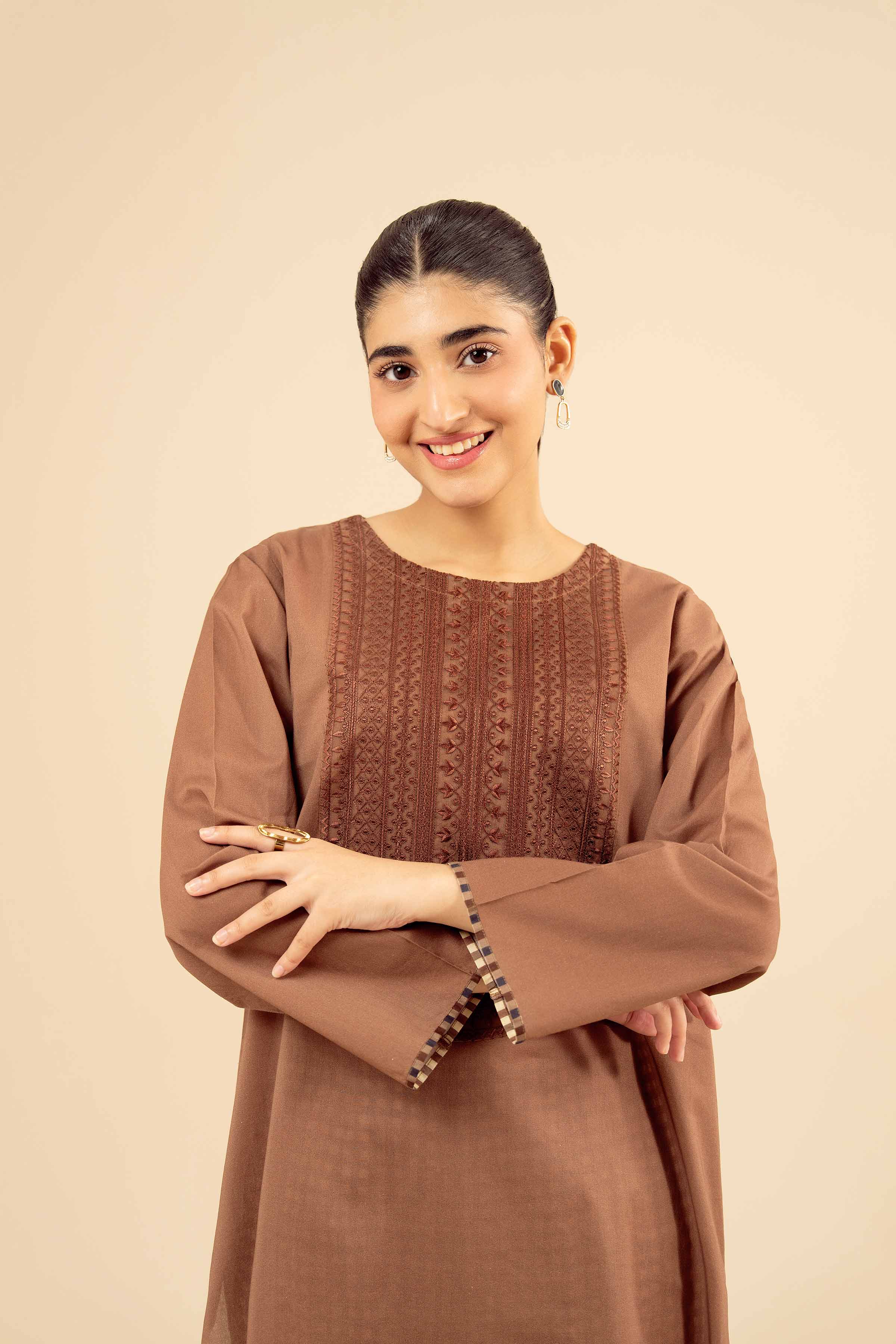 NishatUK - Brown Embroidered Cambric 2-piece ready to wear Dress
