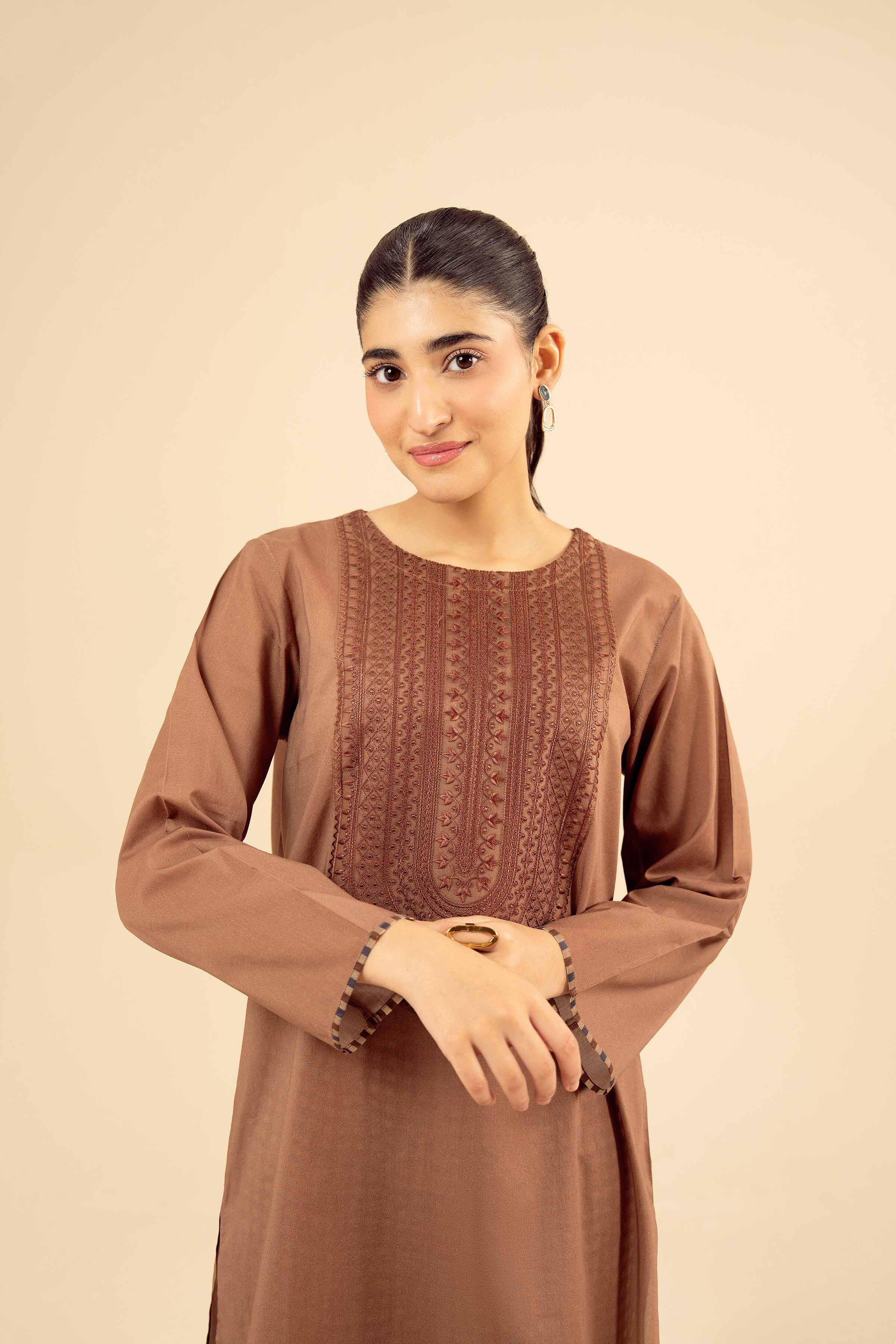 NishatUK - Brown Embroidered Cambric 2-piece ready to wear Dress