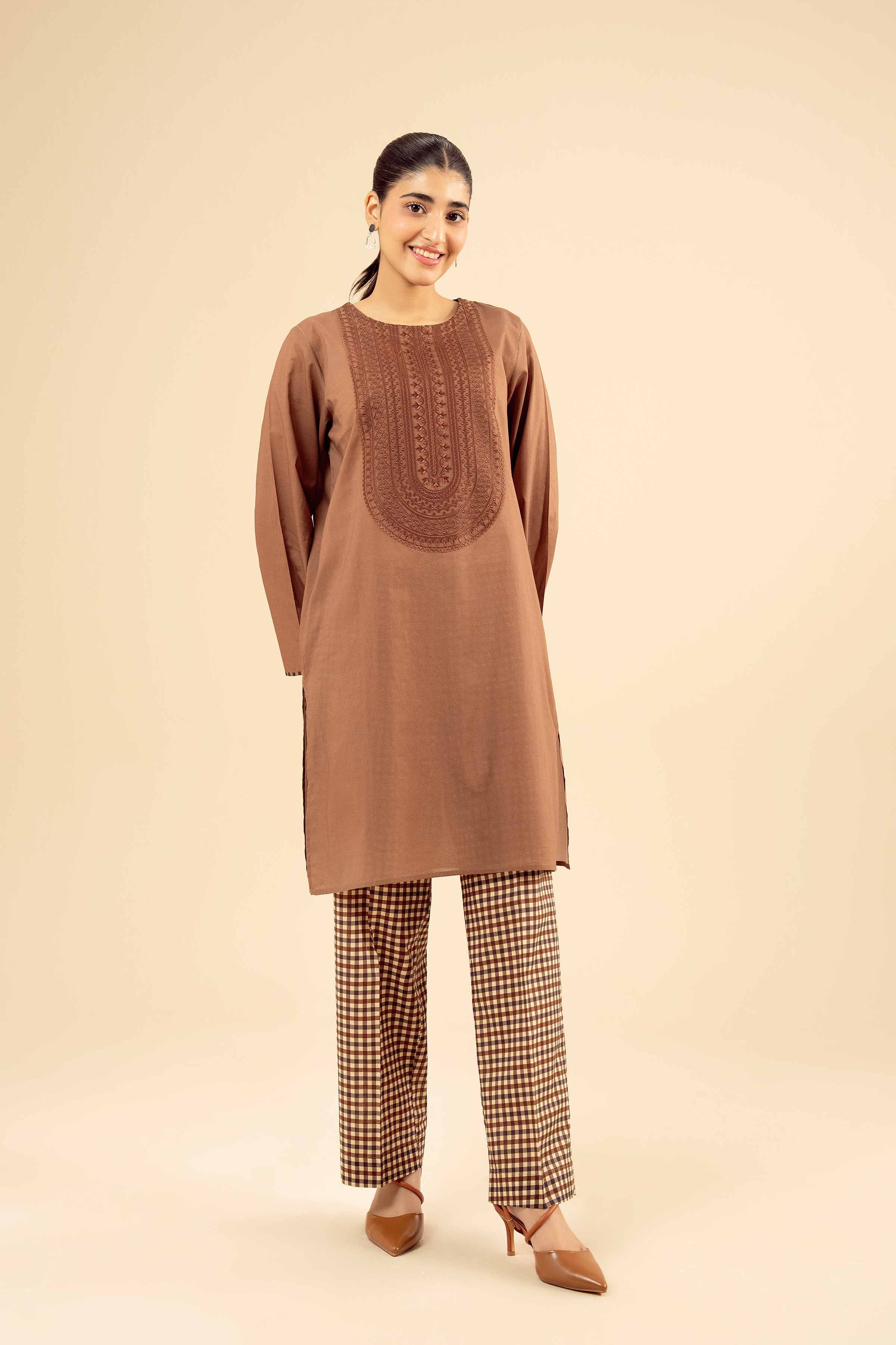 NishatUK - Brown Embroidered Cambric 2-piece ready to wear Dress