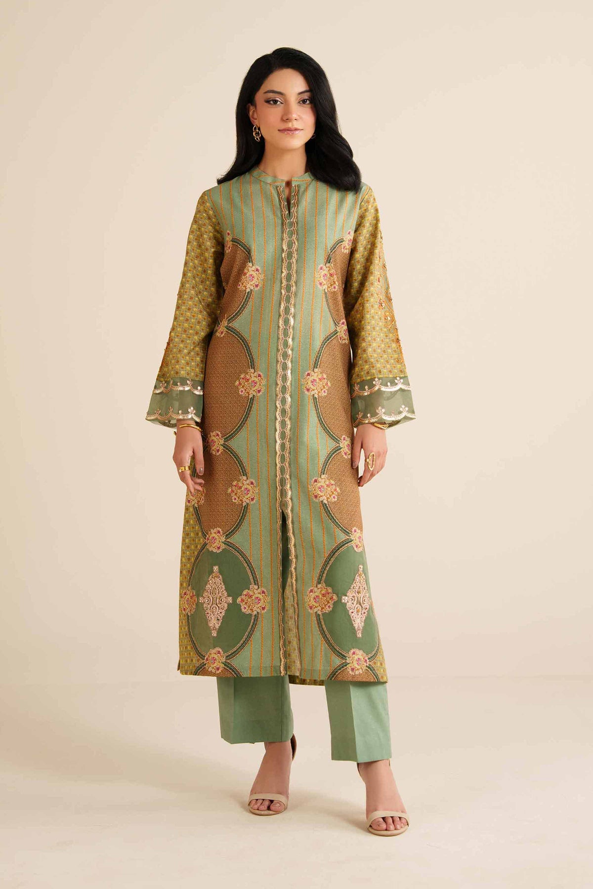 Nishat UK - Green Embroidered Gold Slub 2 Pieces ready to wear Dress