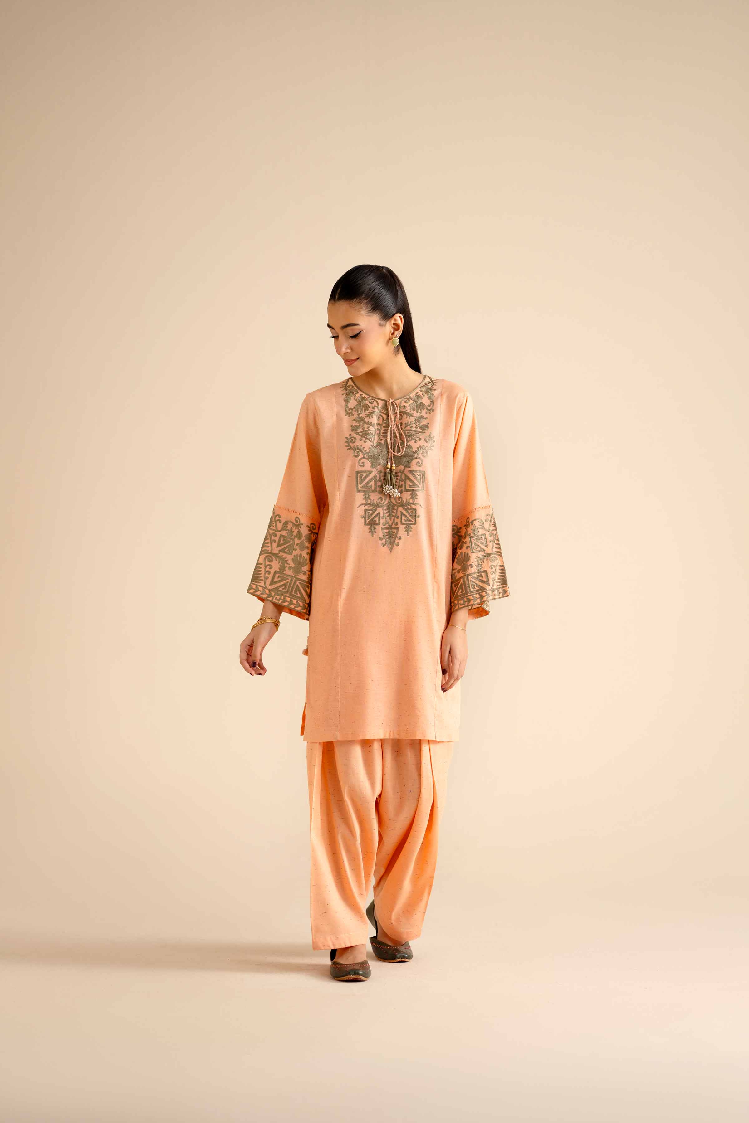 NishatUK - Peach Embroidered Khaddar 2-piece ready to wear Dress