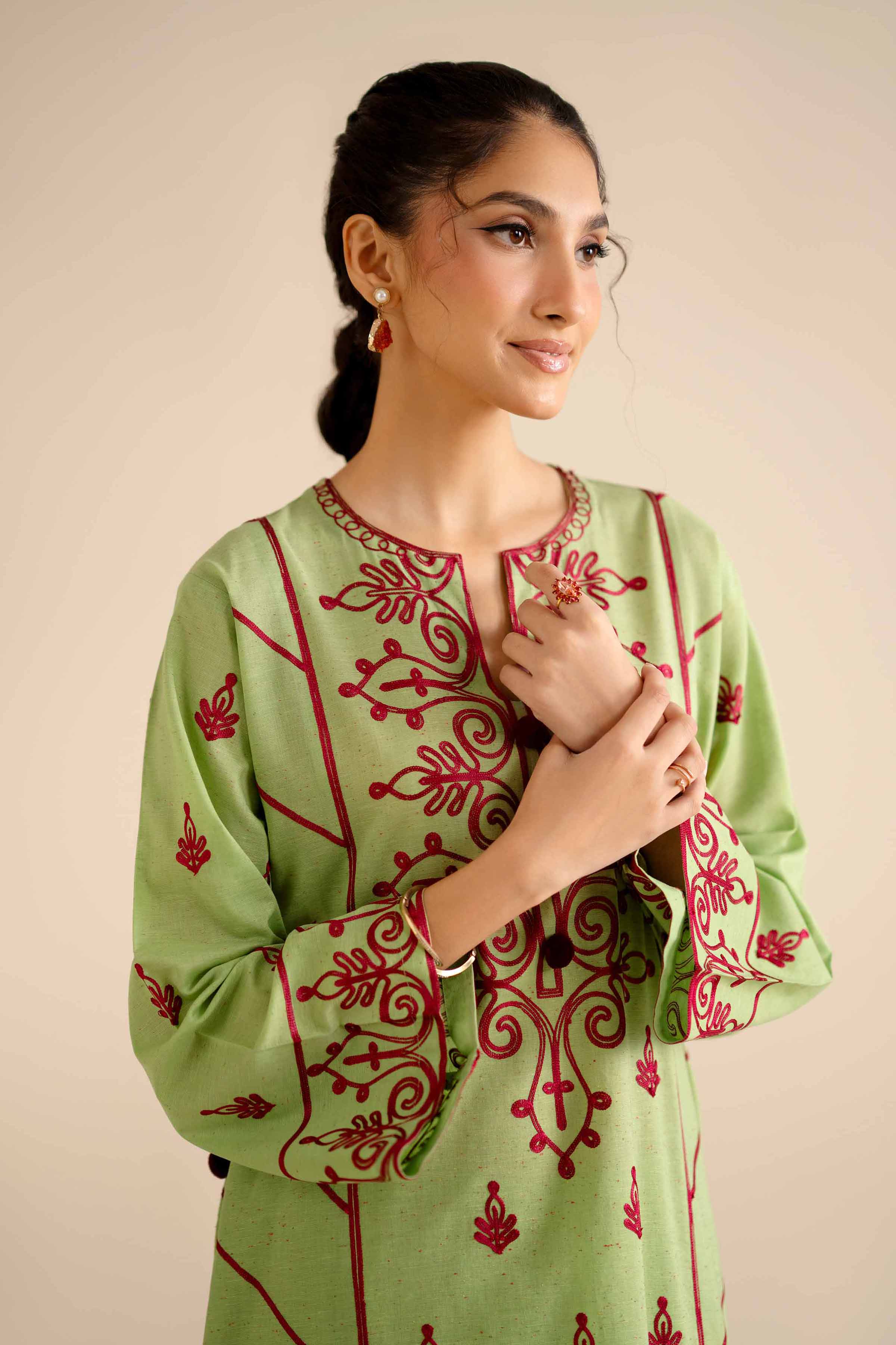 NishatUK - Parrot Green Embroidered Khaddar 2-piece ready to wear Dress