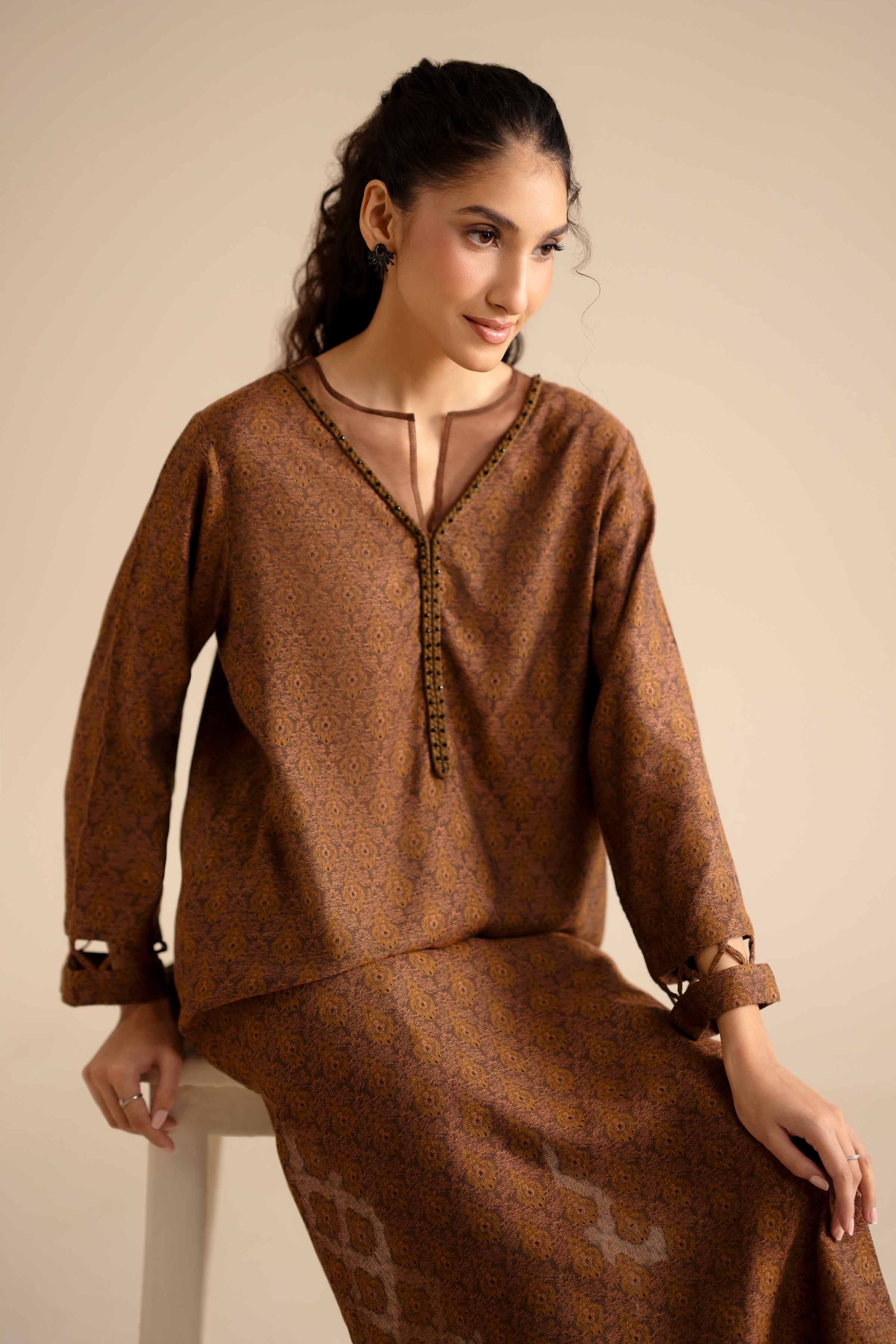 NishatUK - Brown Printed Jamawar 2-piece ready to wear Dress