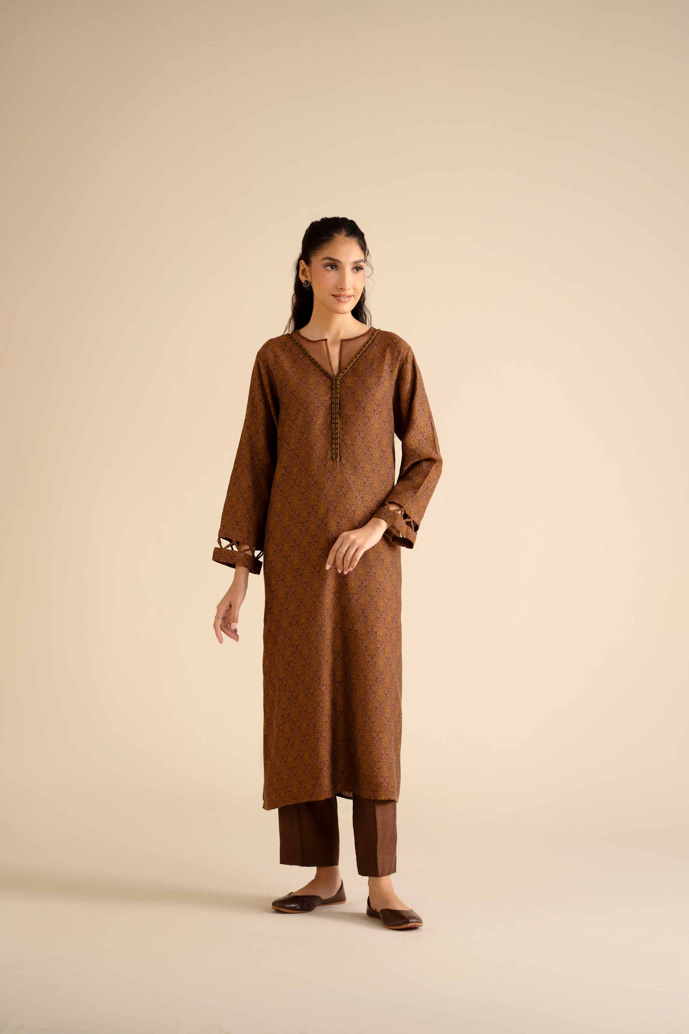 NishatUK - Brown Printed Jamawar 2-piece ready to wear Dress