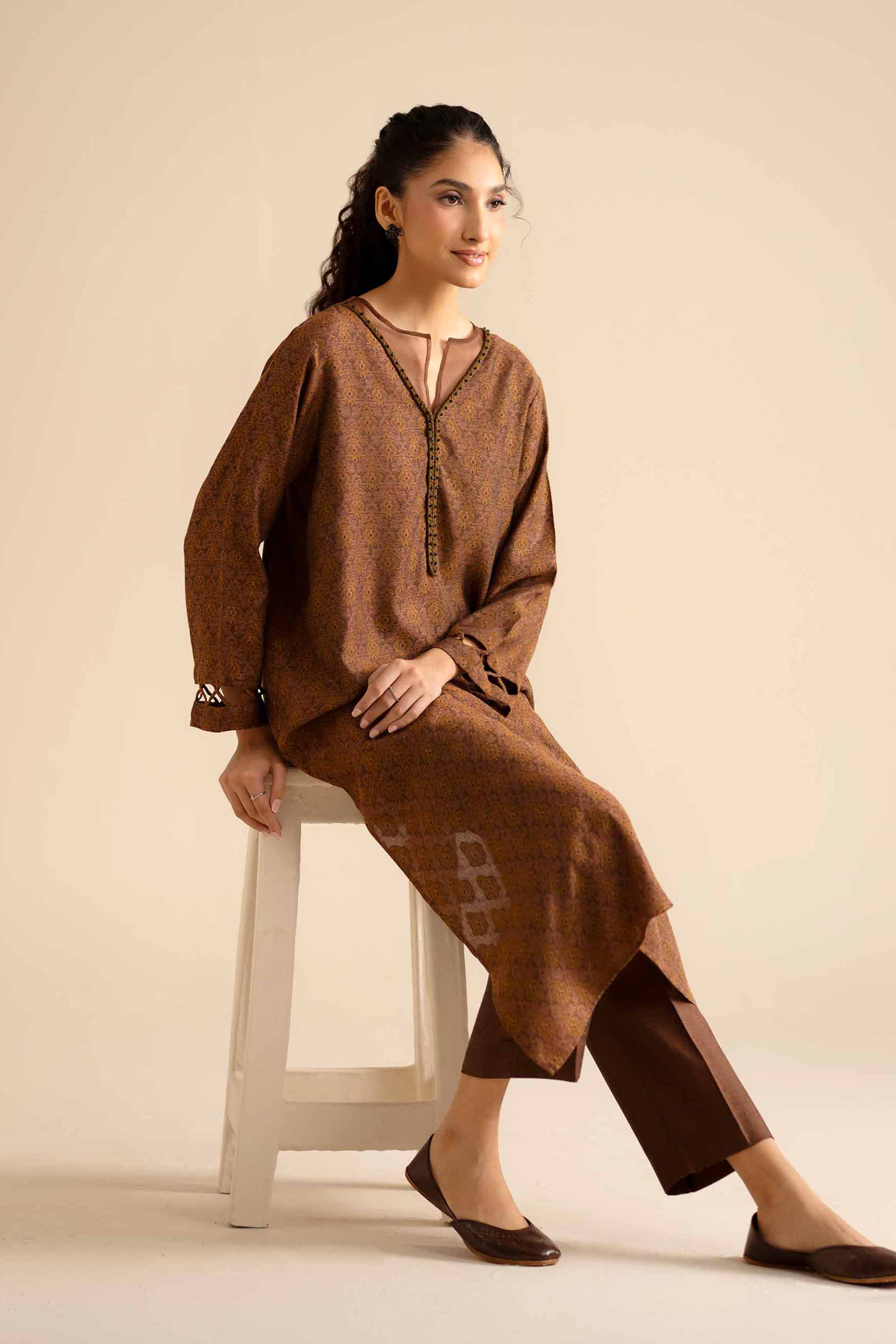 NishatUK - Brown Printed Jamawar 2-piece ready to wear Dress