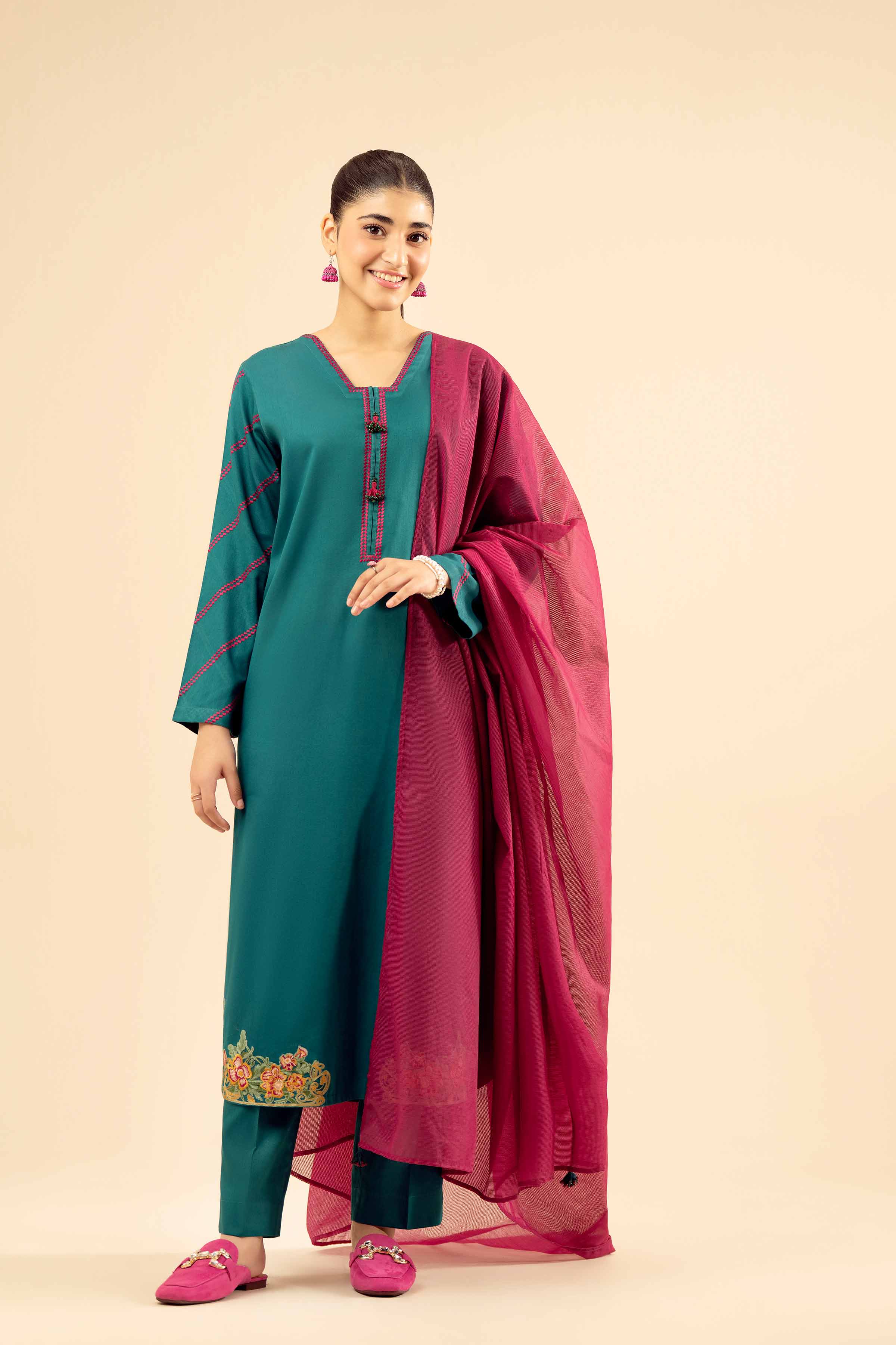 NishatUK - Green Embroidered Satin 3-piece ready to wear Suit