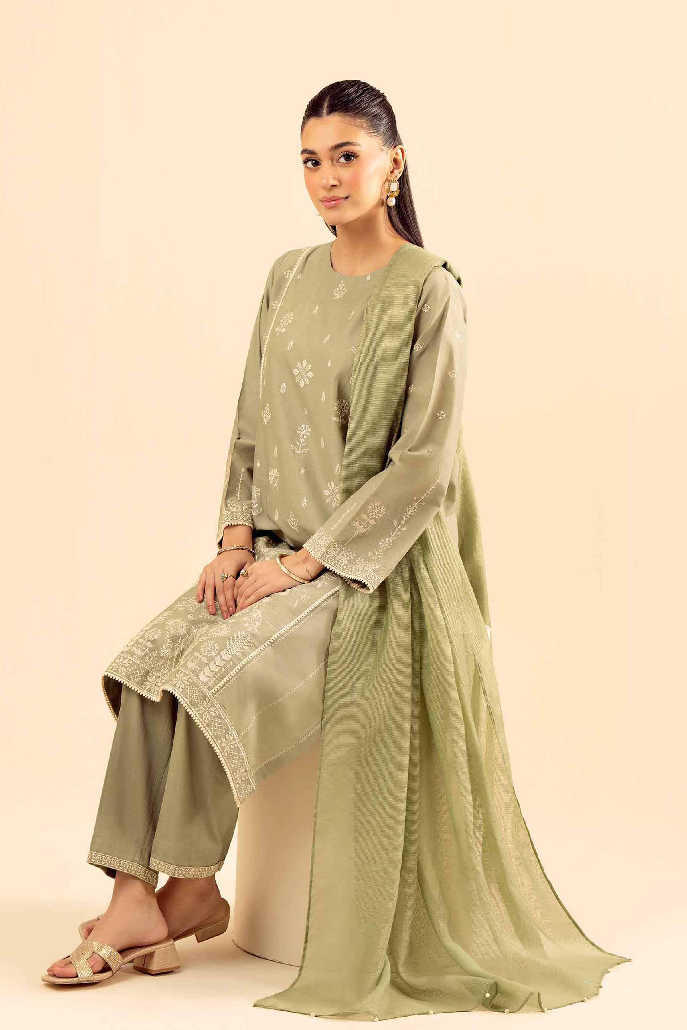 NishatUK - Green Embroidered Cambric 2-piece ready to wear Dress