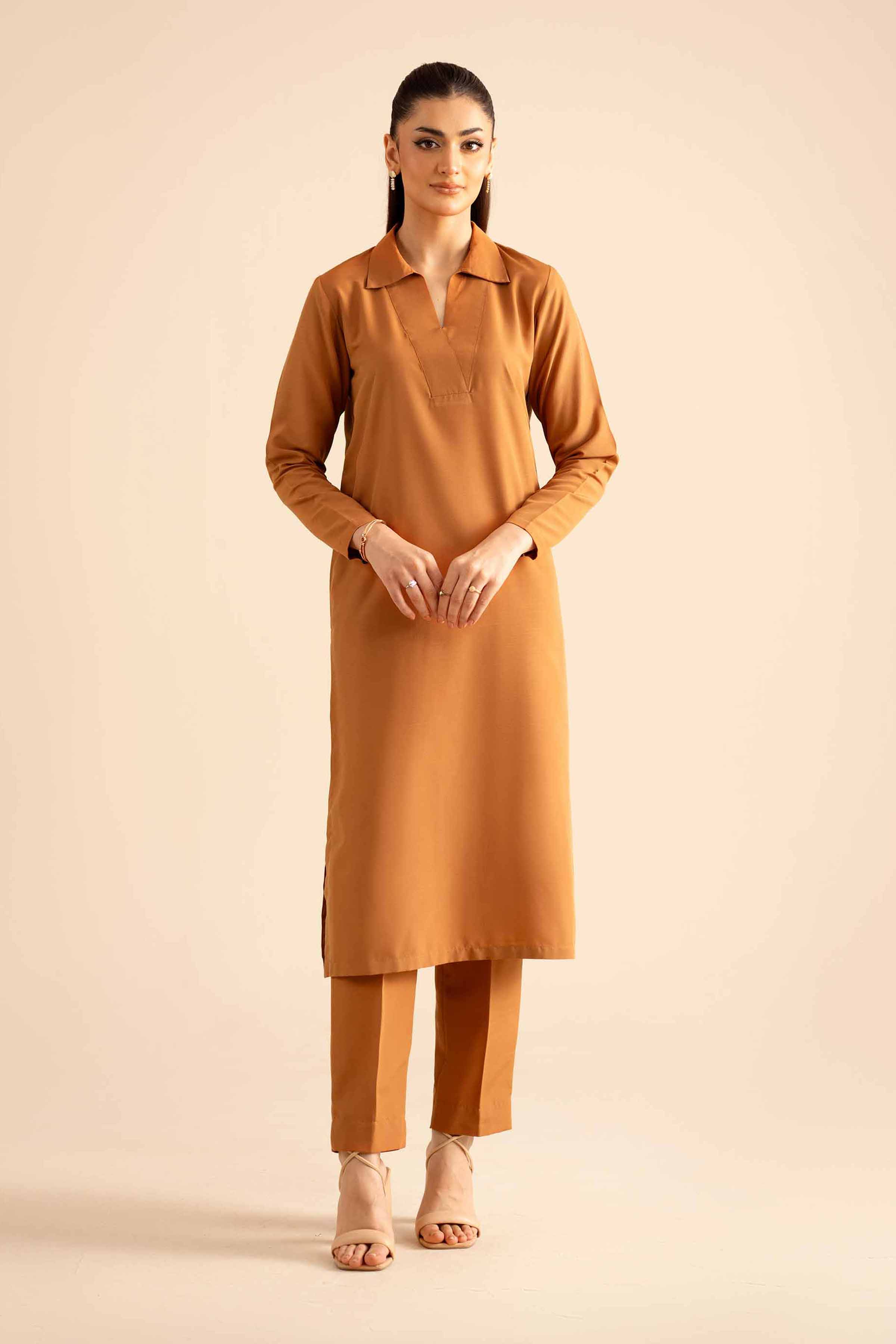 NishatUK - Brown Solids Silk 2-piece ready to wear Dress