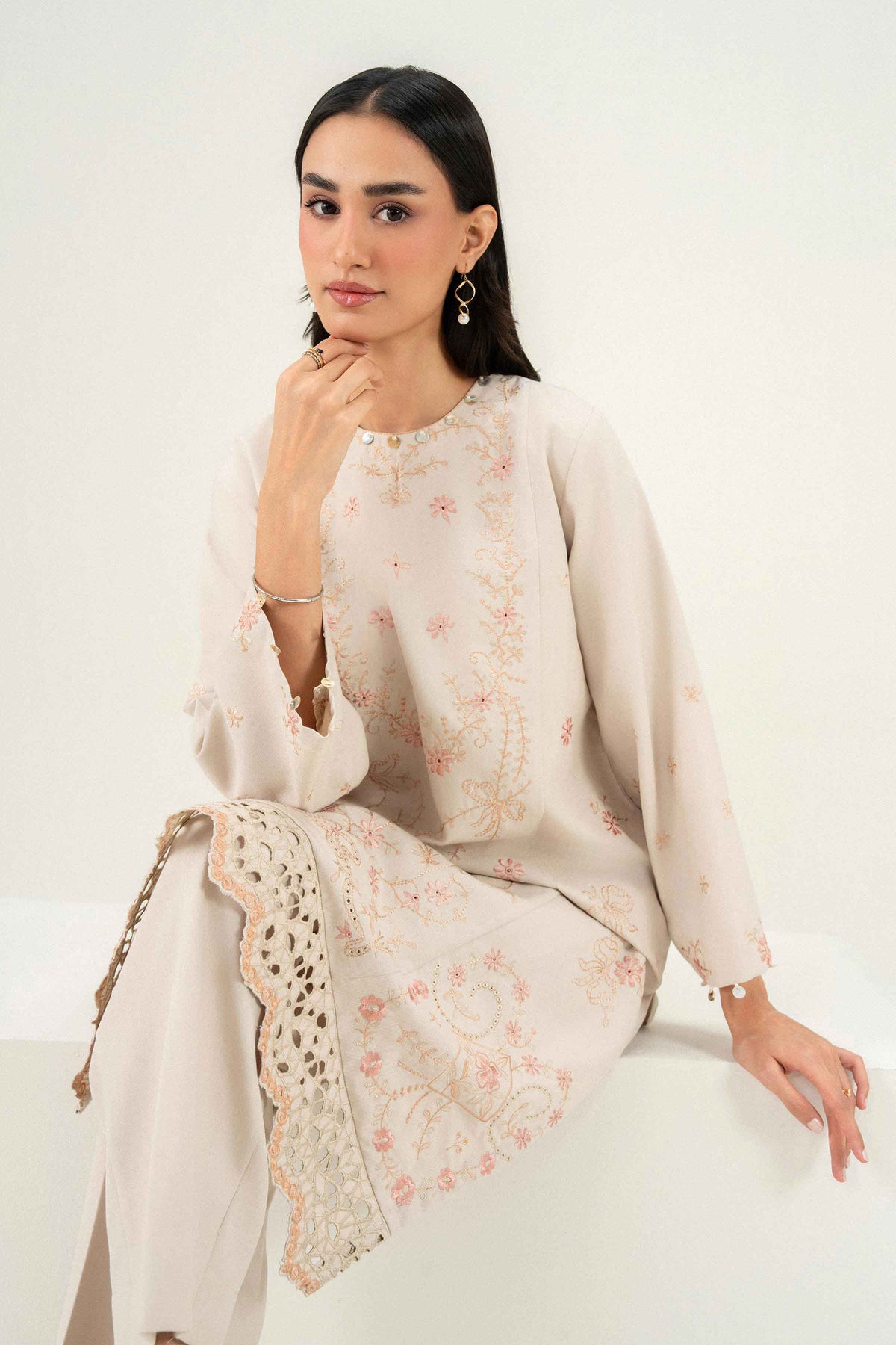 Nishat UK - Beige Embroidered Poshak 2 Pieces ready to wear Dress