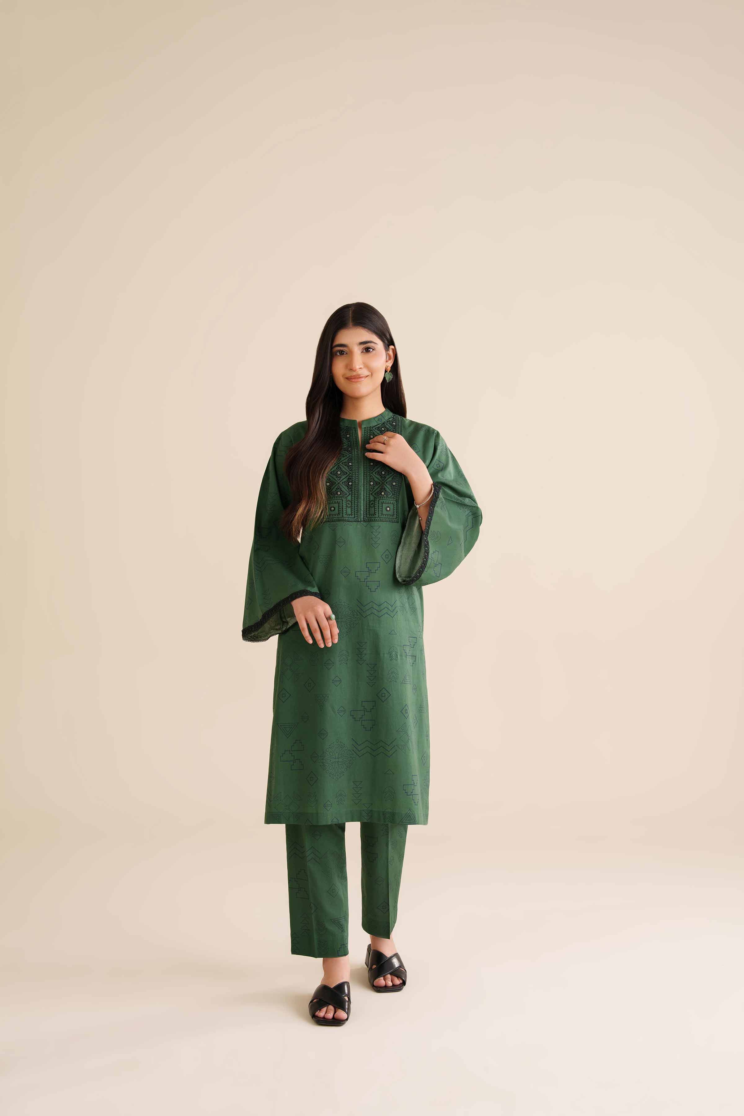 NishatUK - Green Embroidered Cambric 2-piece ready to wear Dress