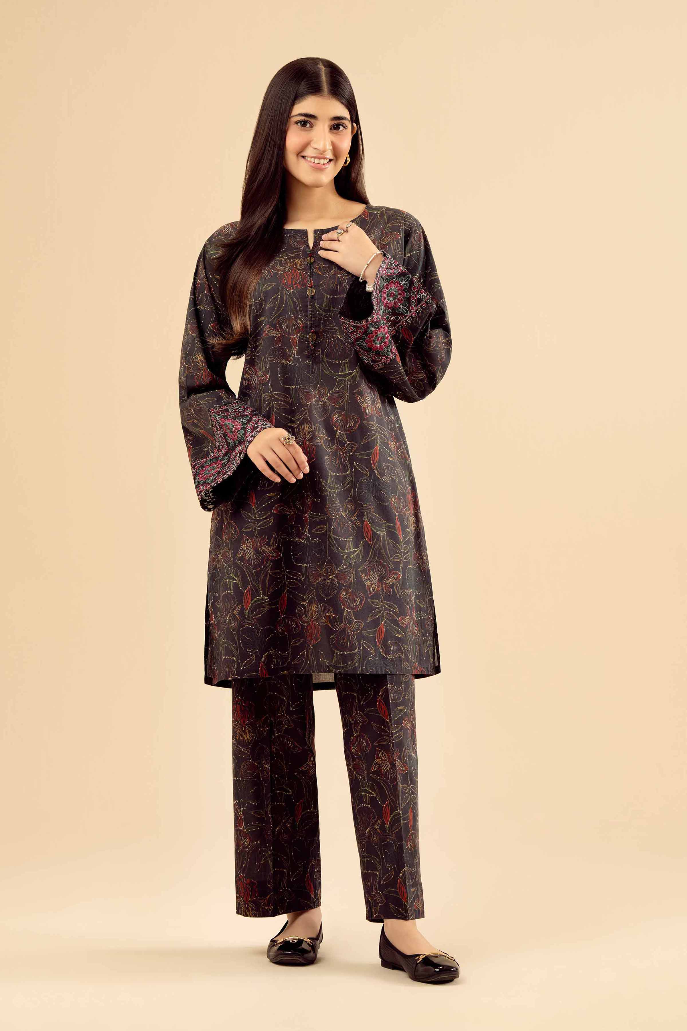 NishatUK - Black Embroidered Cambric 2-piece ready to wear Dress