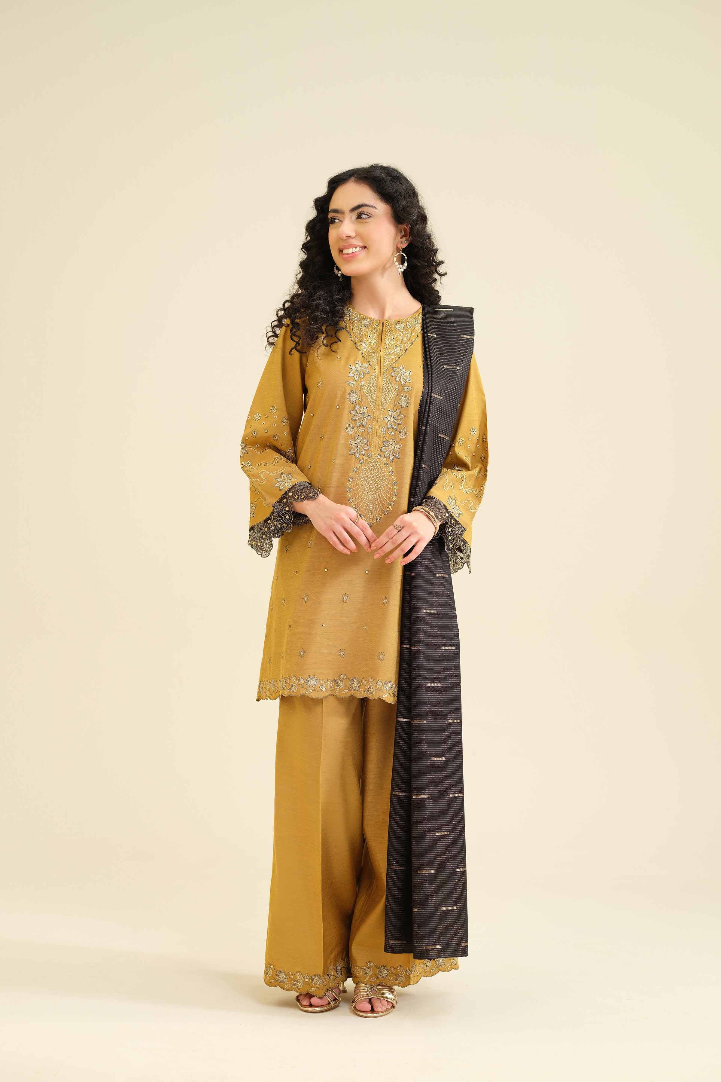 NishatUK - Yellow Embroidered Silk 3-piece ready to wear Suit