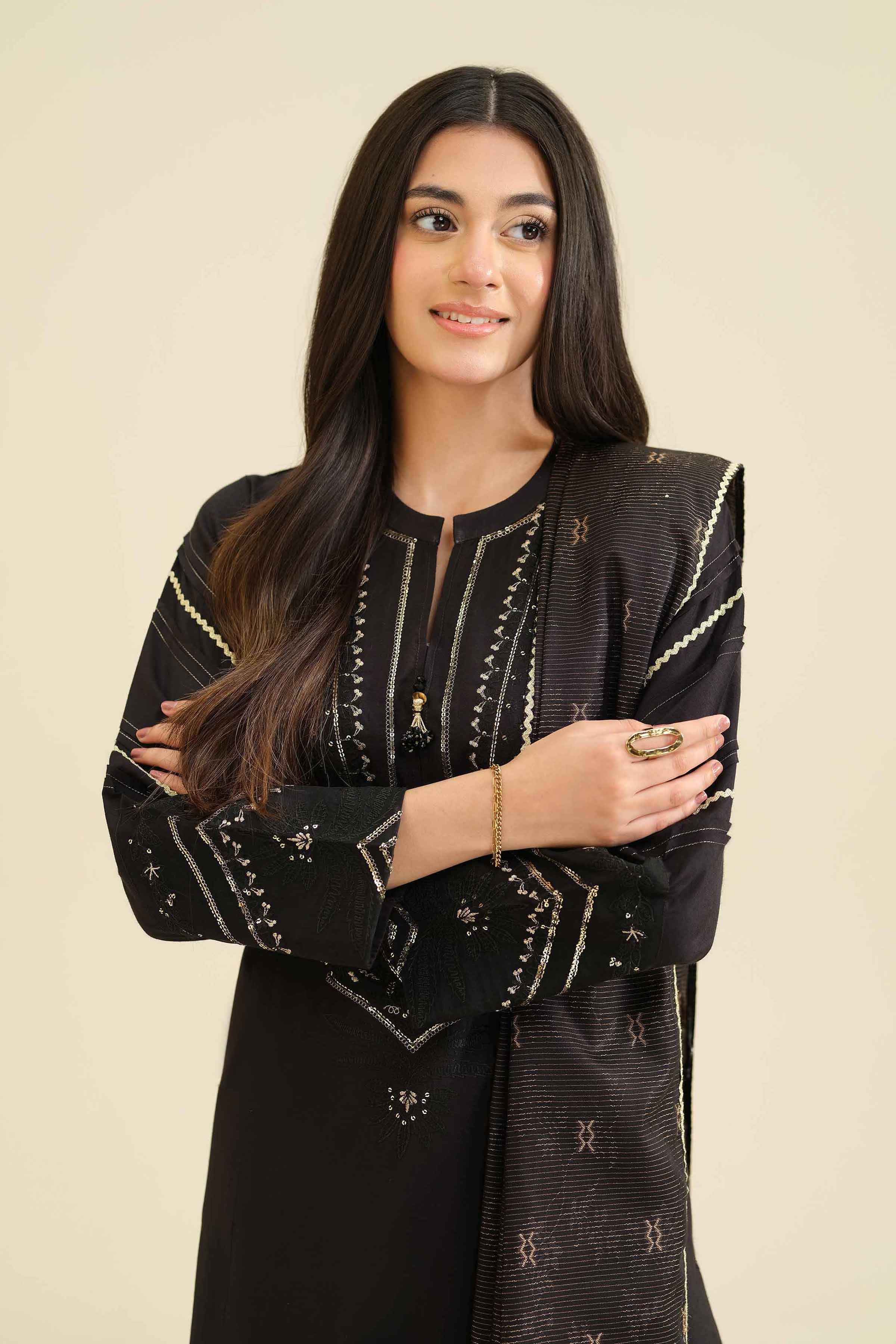 Nishat UK - Black Embroidered Silk 3 Pieces ready to wear Suit