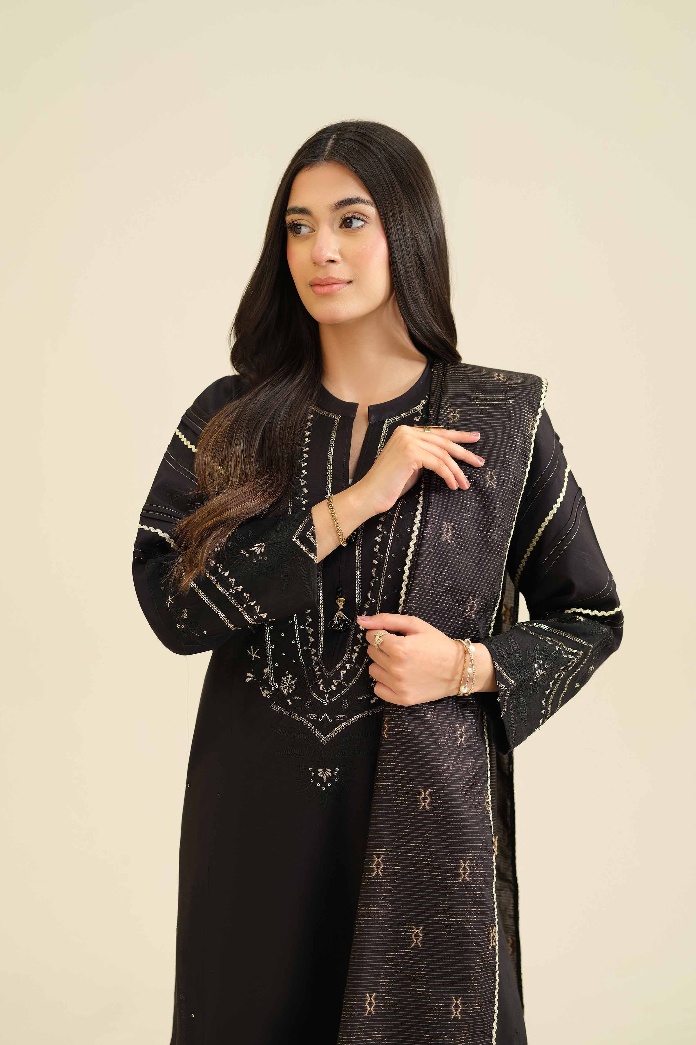 Nishat UK - Black Embroidered Silk 3 Pieces ready to wear Suit