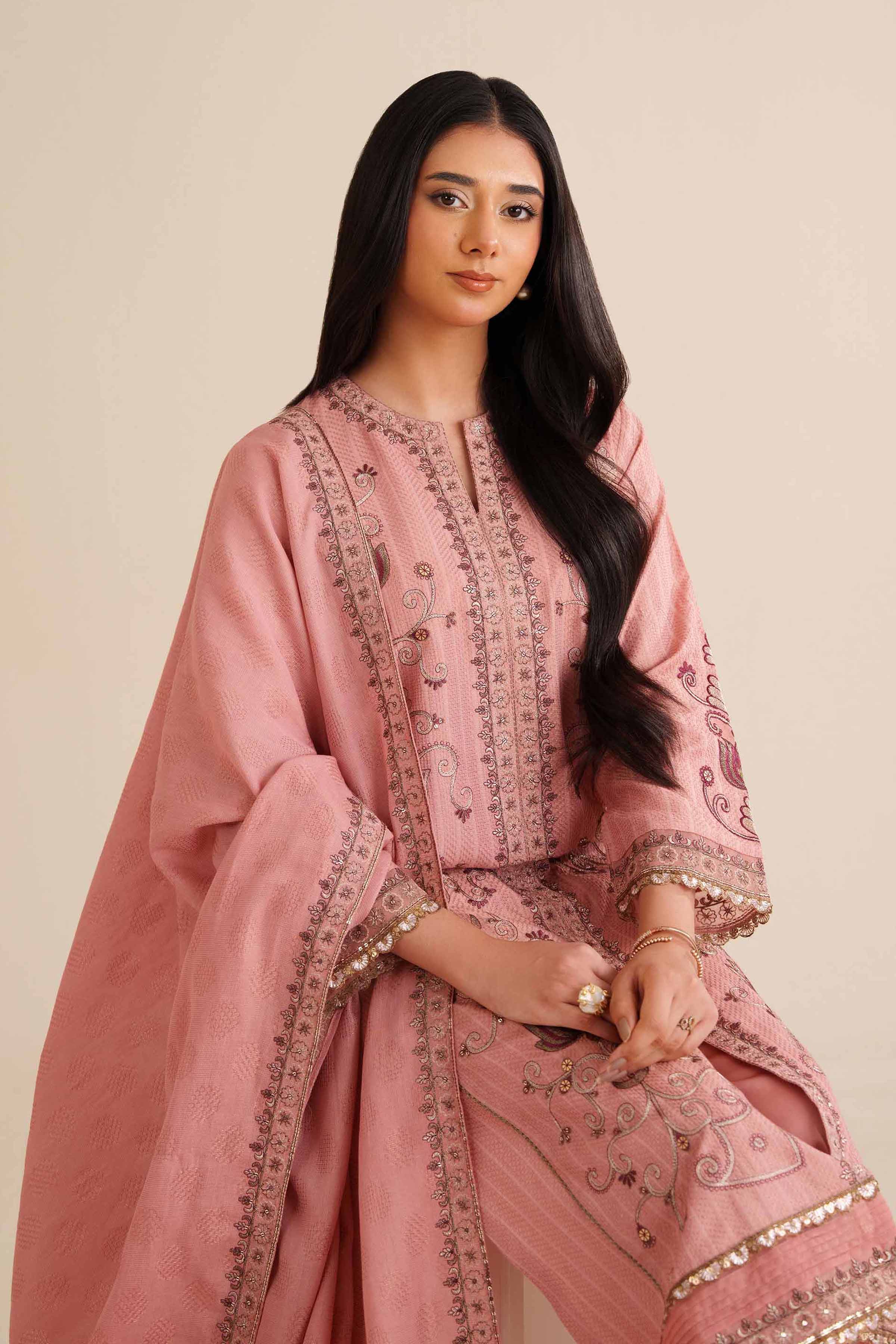 NishatUK - Peach Pink Embroidered Jacquard 3-piece ready to wear Suit