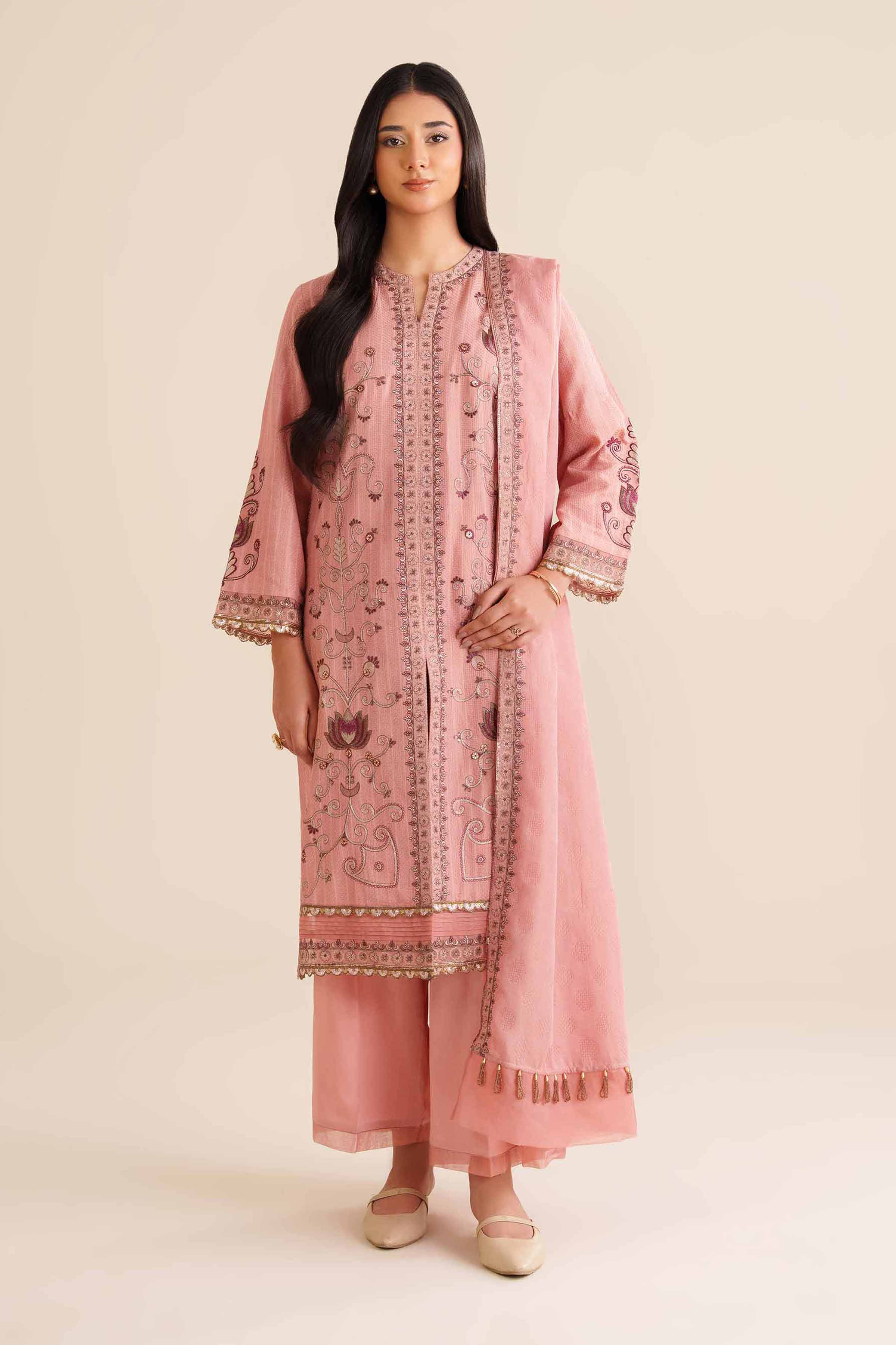 NishatUK - Peach Pink Embroidered Jacquard 3-piece ready to wear Suit