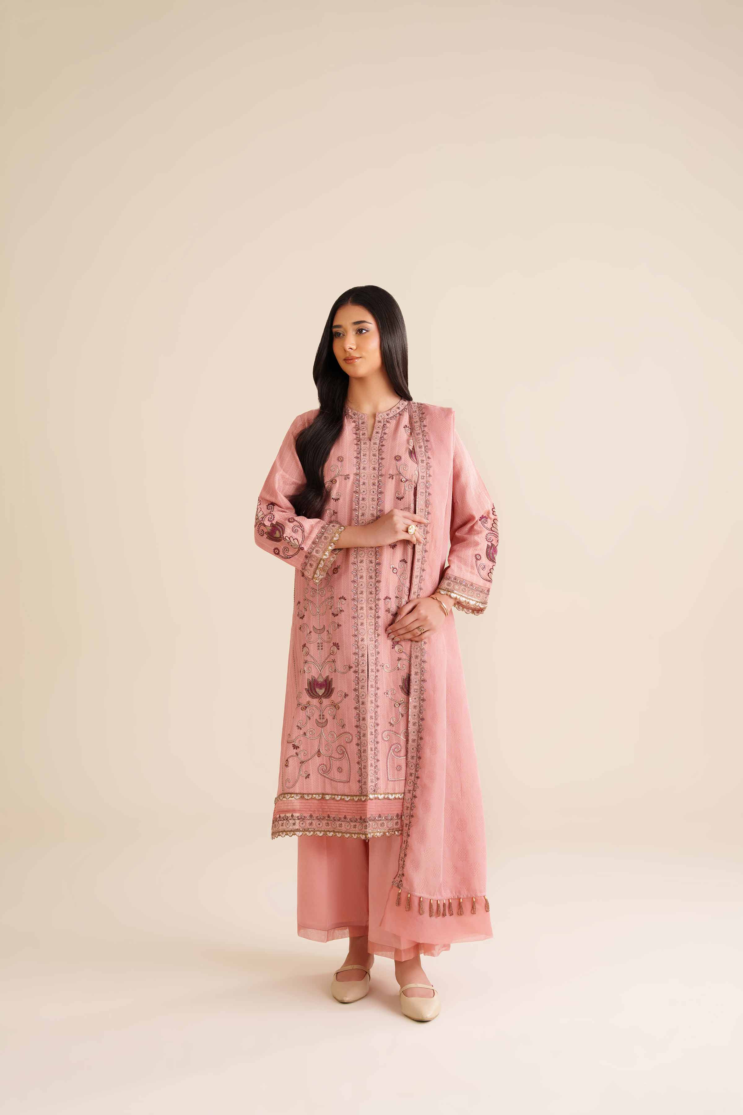 NishatUK - Peach Pink Embroidered Jacquard 3-piece ready to wear Suit