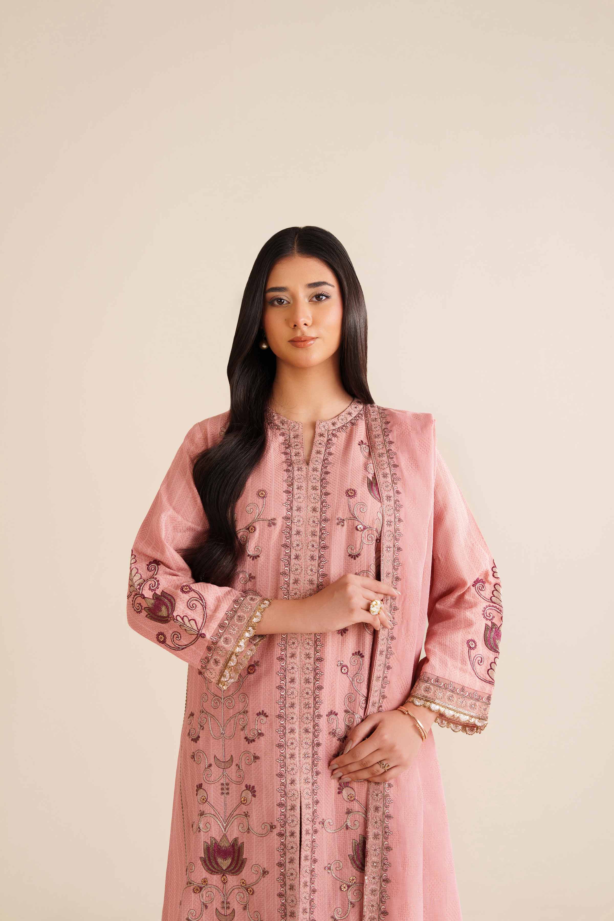 NishatUK - Peach Pink Embroidered Jacquard 3-piece ready to wear Suit