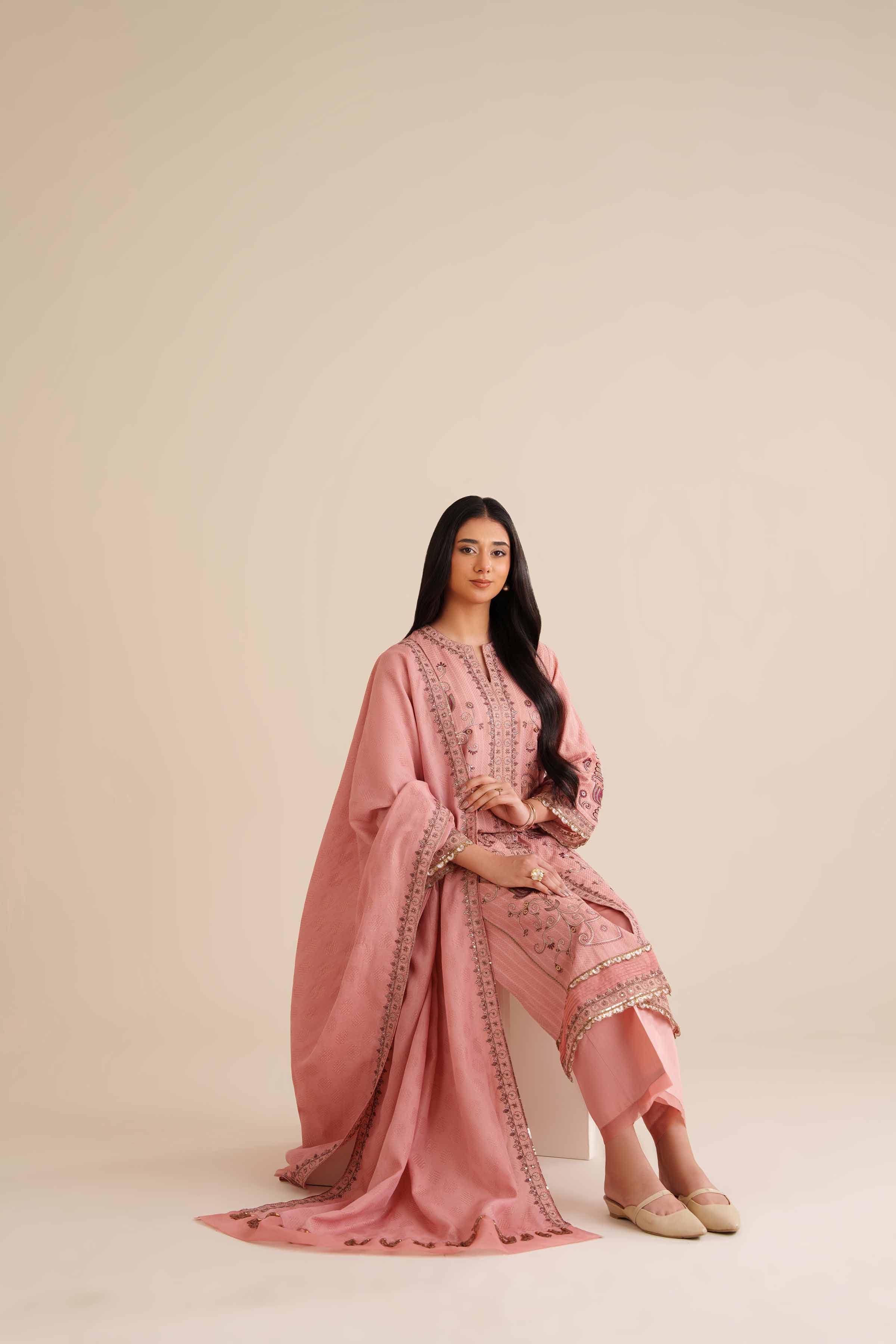 NishatUK - Peach Pink Embroidered Jacquard 3-piece ready to wear Suit