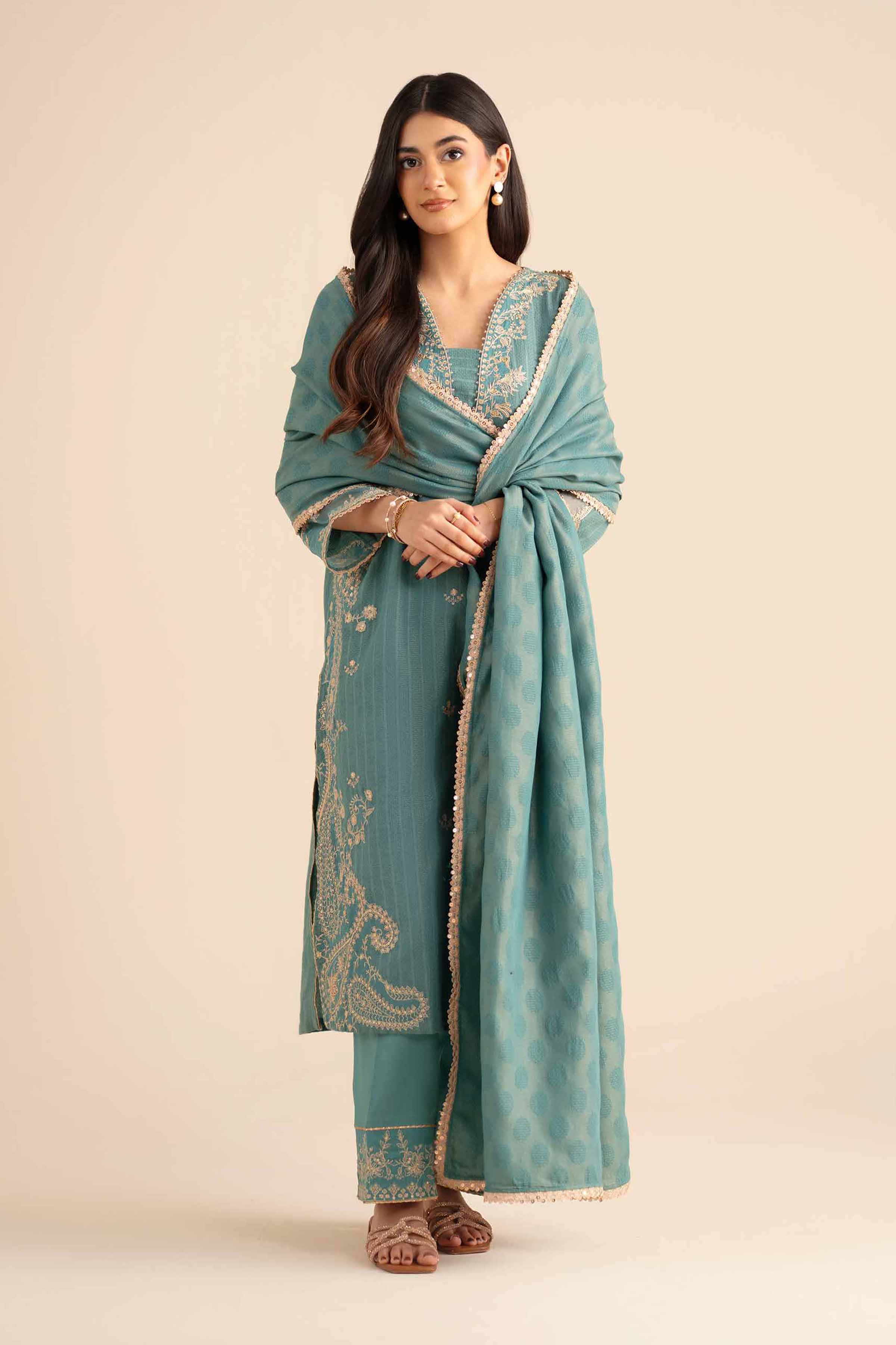 NishatUK - Teal Embroidered Jacquard 3-piece ready to wear Suit