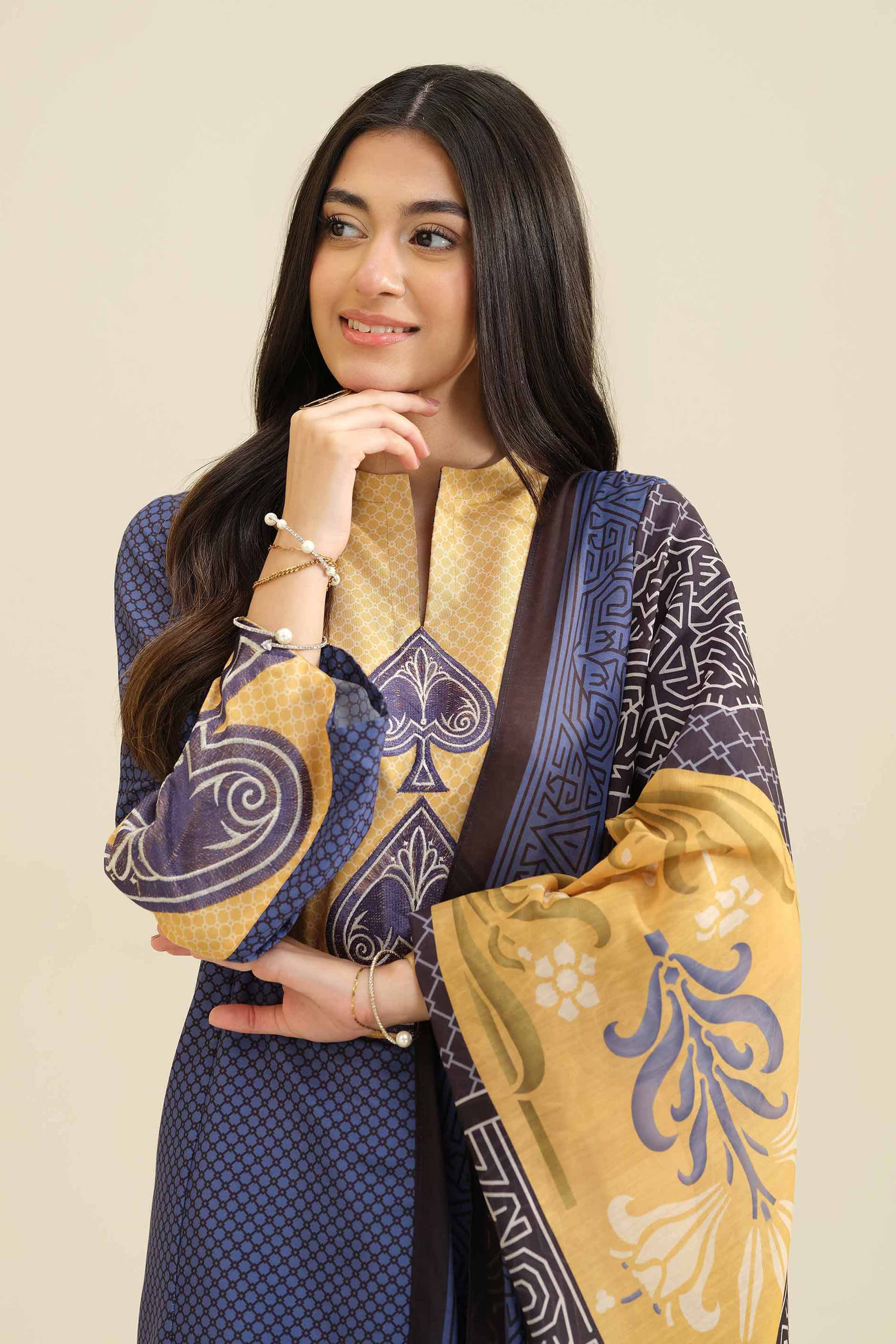 3 Piece - Printed Embroidered Suit - PW25-408