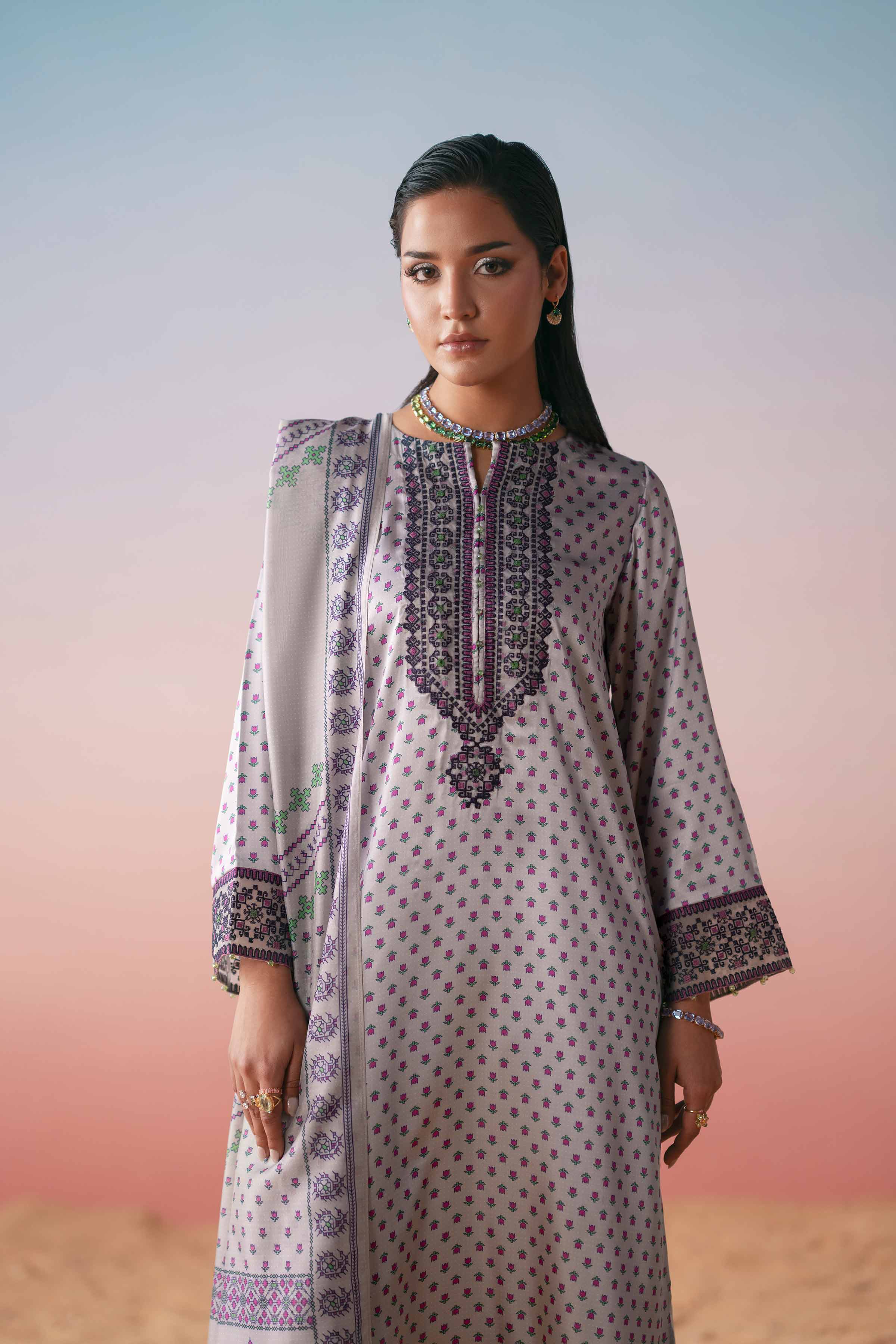 NishatUK - Grey Embroidered Silk 3-piece ready to wear Suit