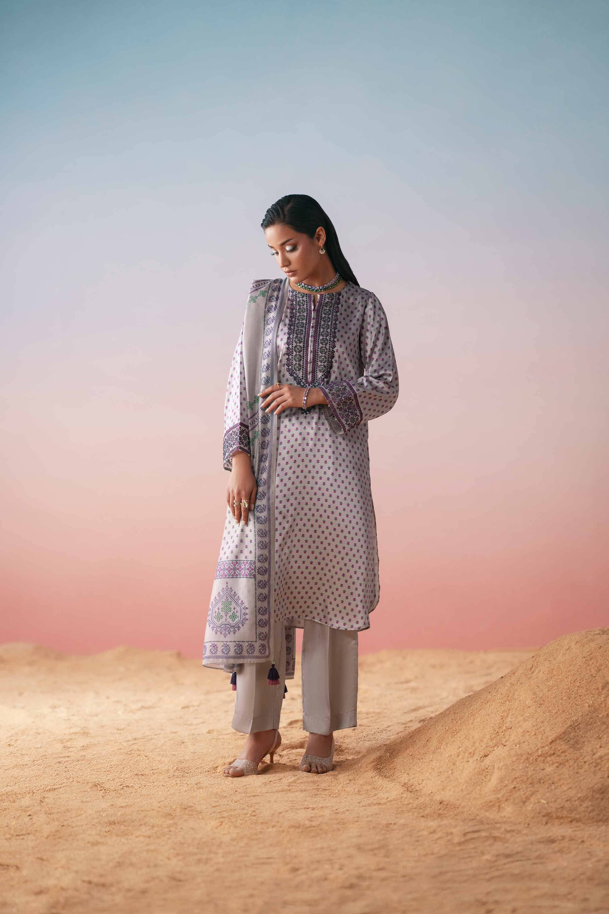 NishatUK - Grey Embroidered Silk 3-piece ready to wear Suit