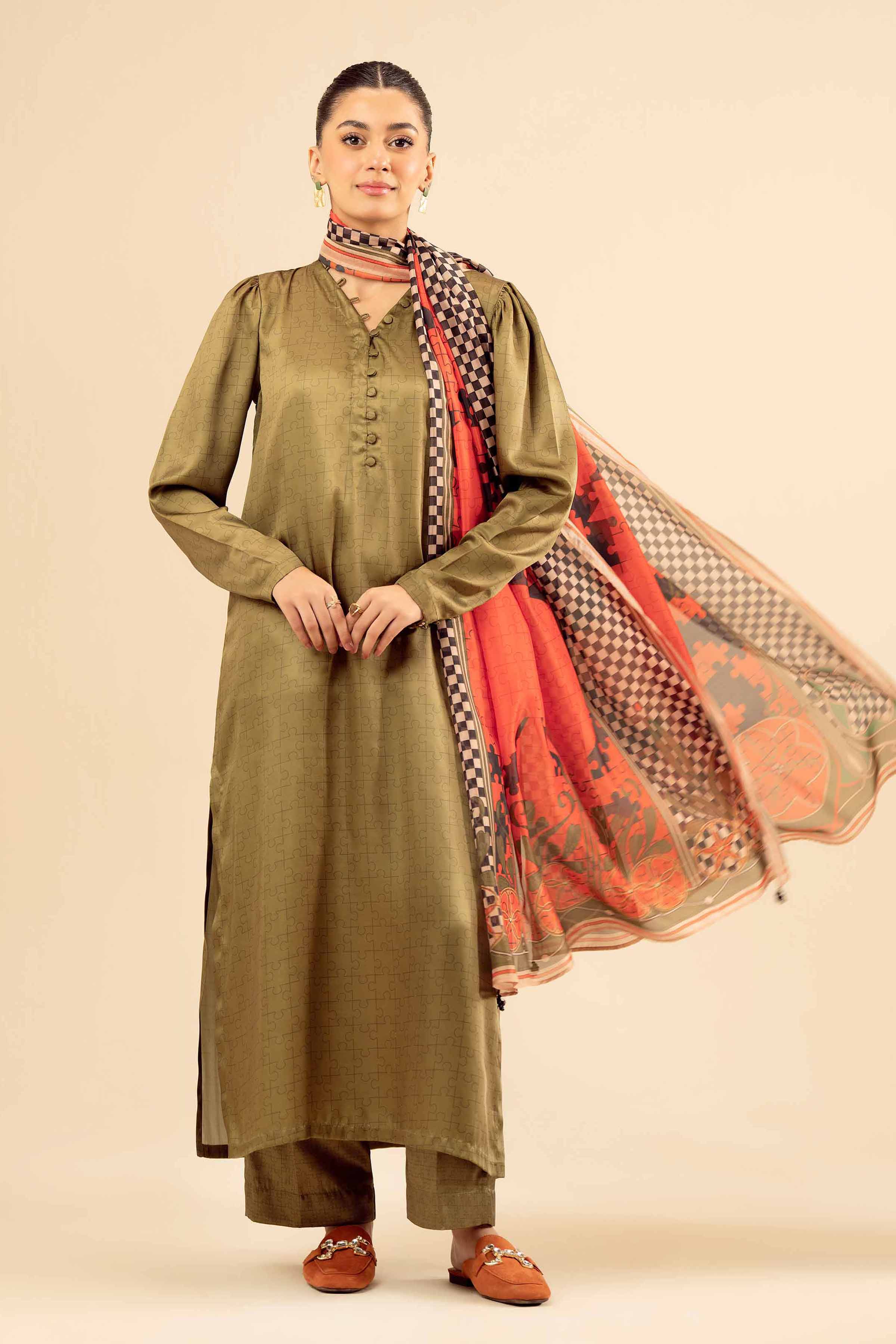 NishatUK - Green Printed Silk 3-piece ready to wear Suit