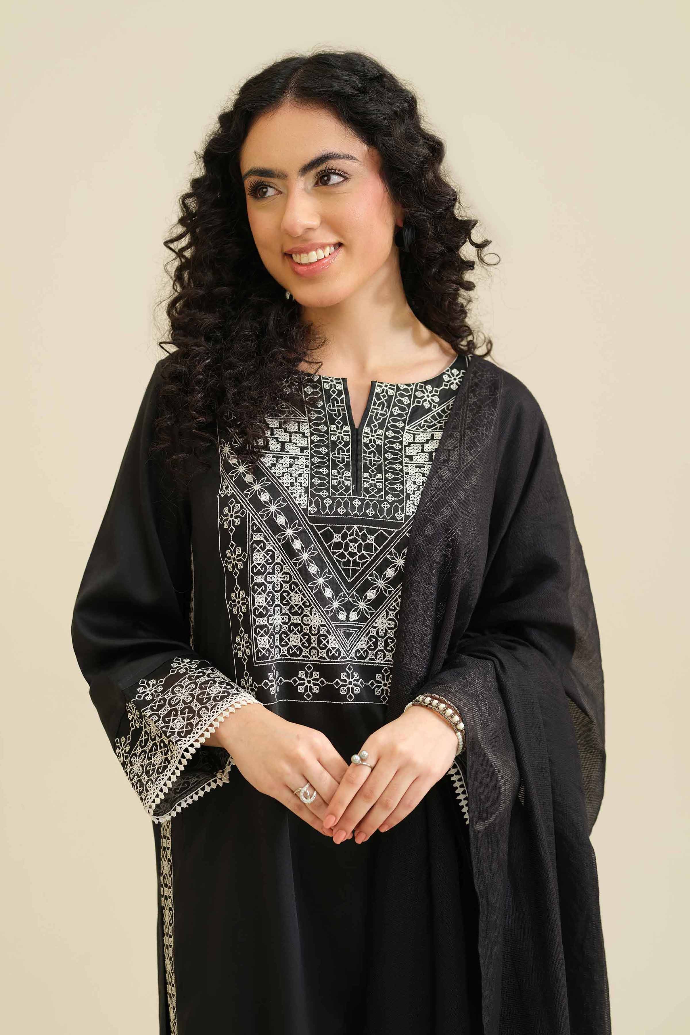 NishatUK - Black Embroidered Satin 3-piece ready to wear Suit