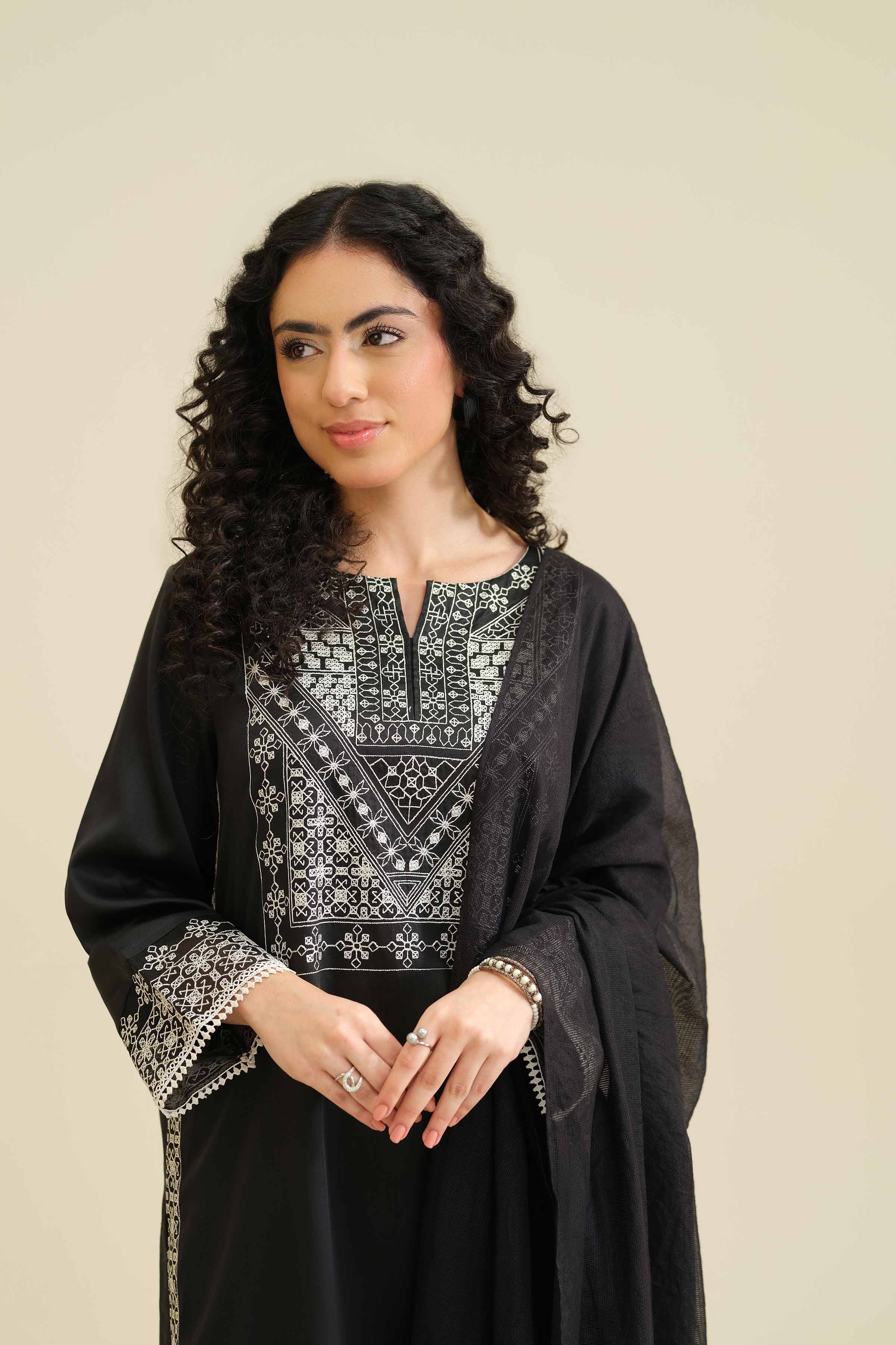 NishatUK - Black Embroidered Satin 3-piece ready to wear Suit
