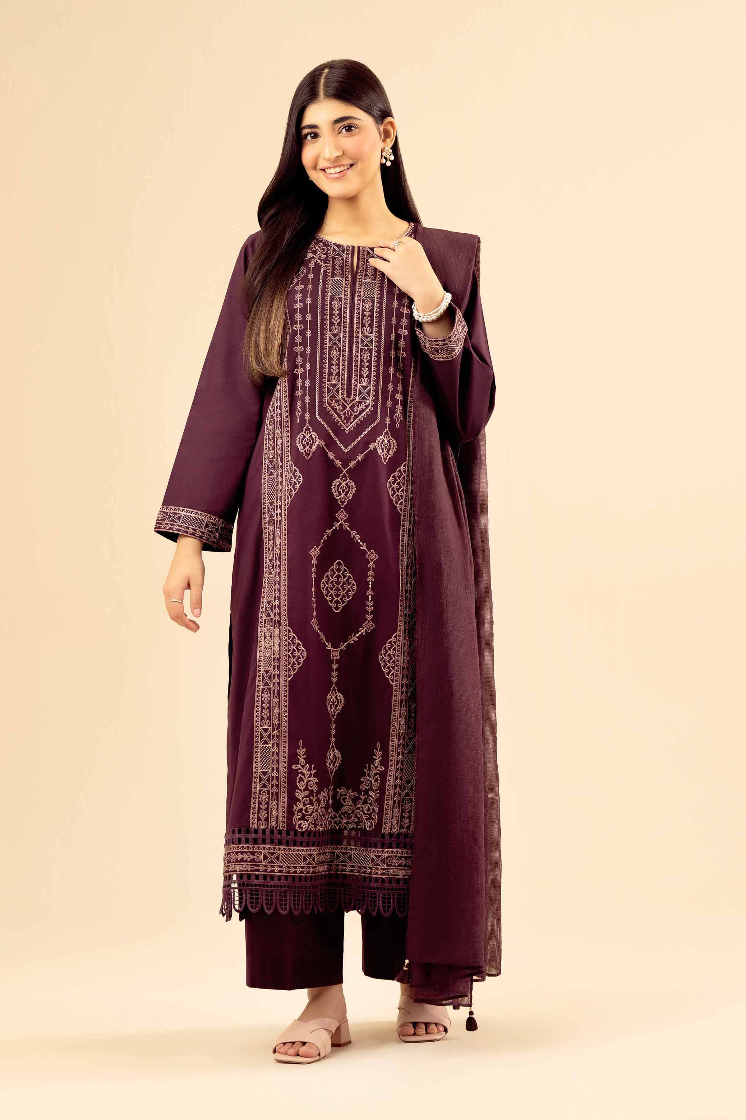 NishatUK - Maroon Embroidered Cambric 3-piece ready to wear Suit