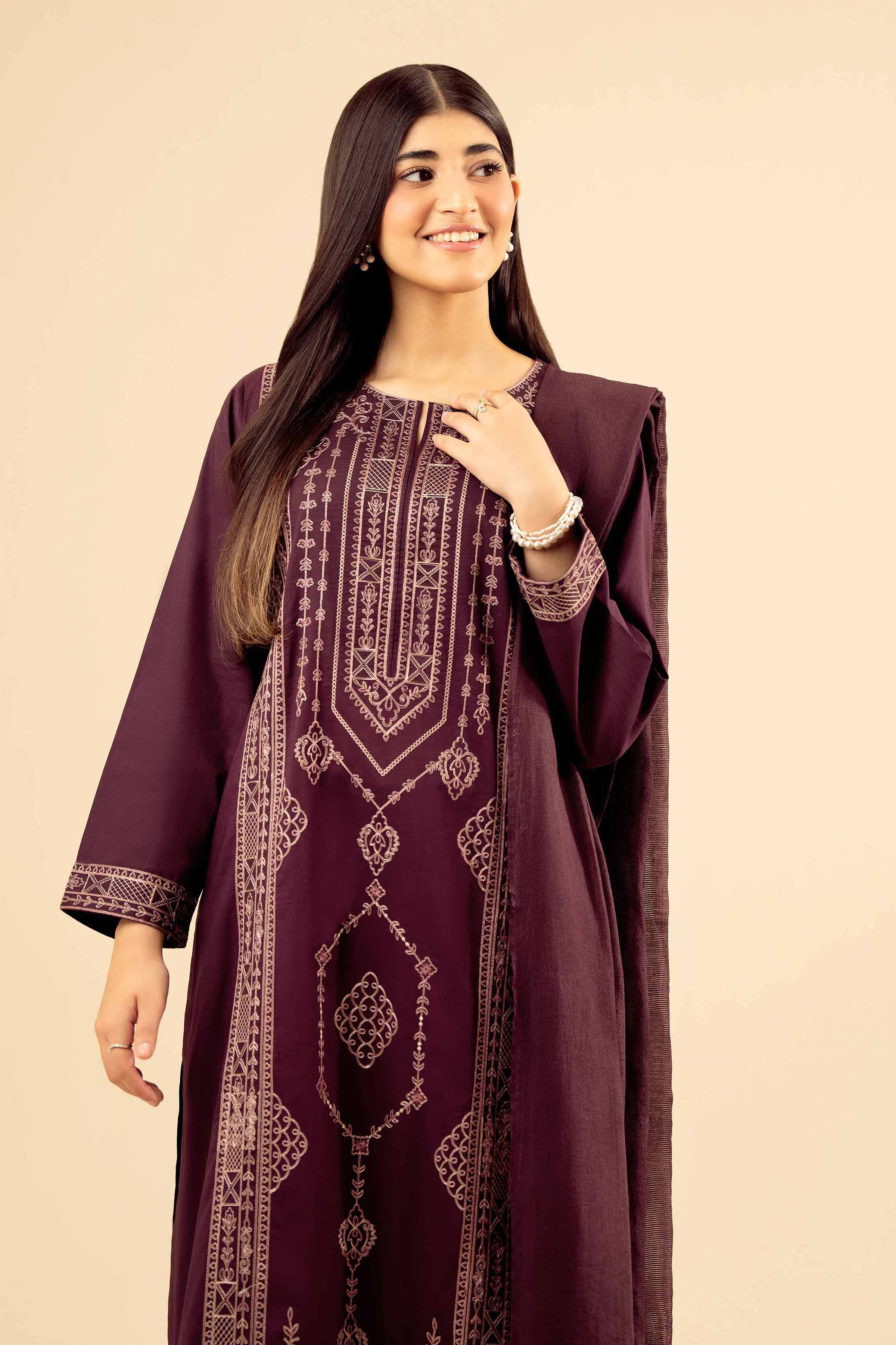 NishatUK - Maroon Embroidered Cambric 3-piece ready to wear Suit