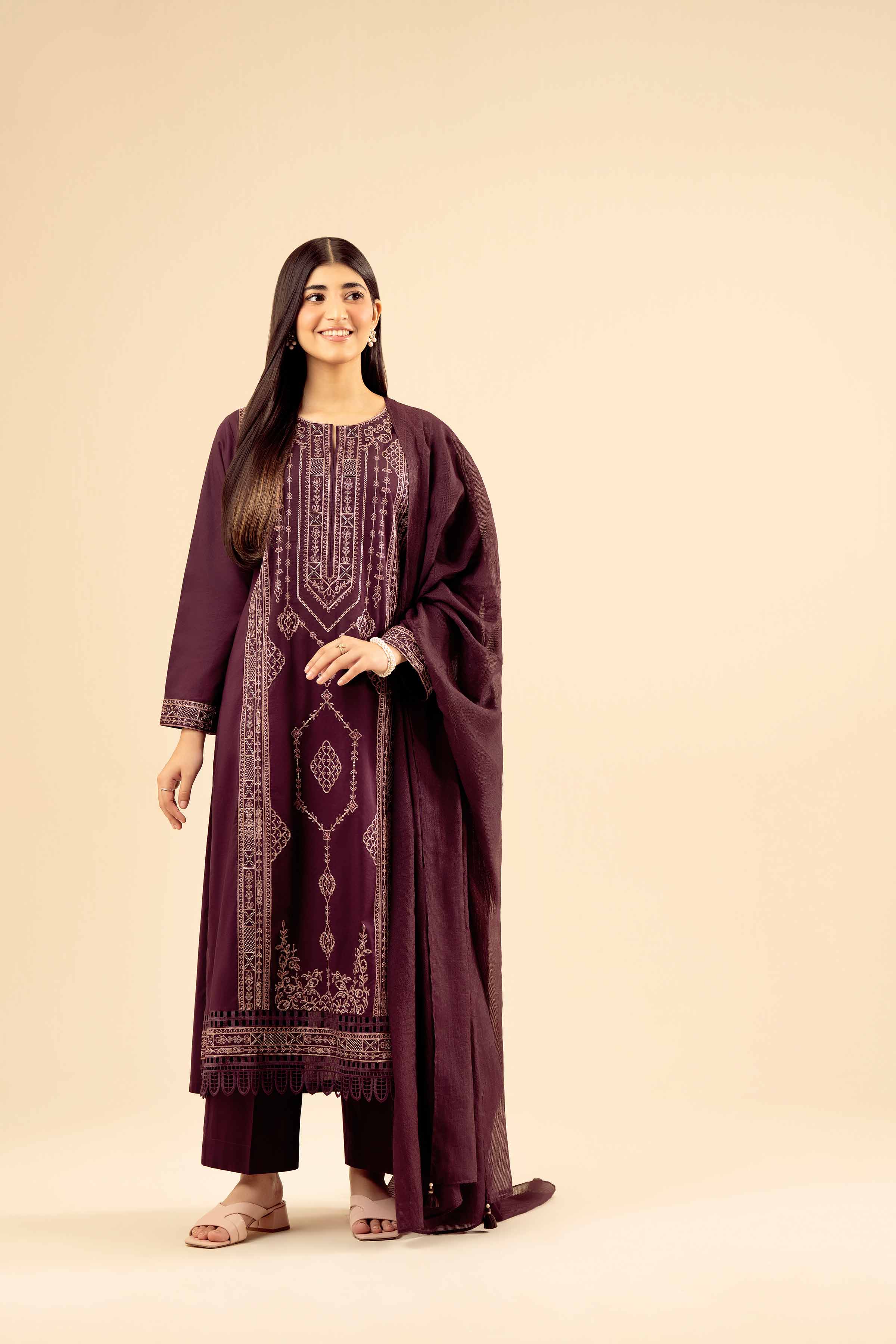 NishatUK - Maroon Embroidered Cambric 3-piece ready to wear Suit