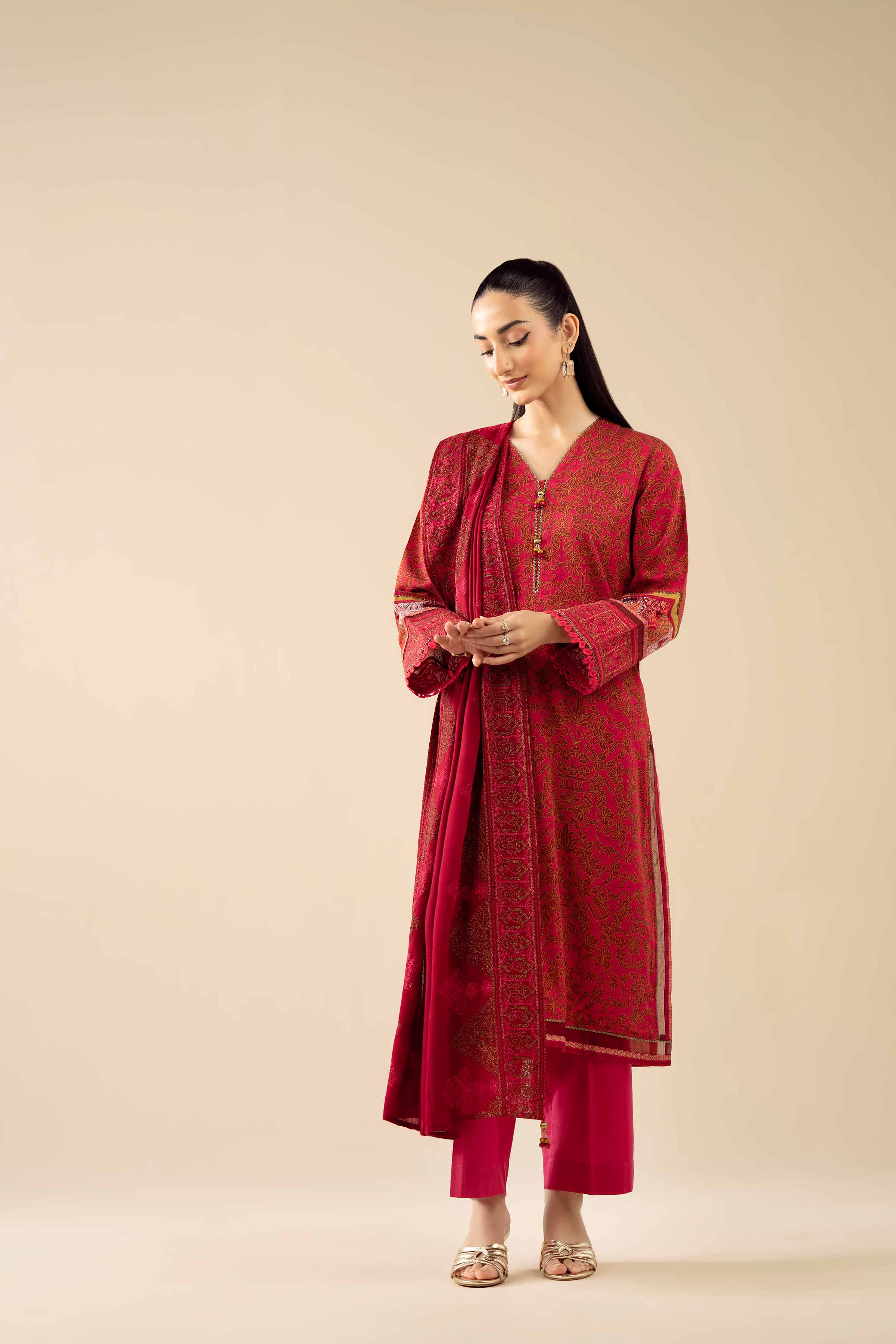NishatUK - Red Embroidered Karandi 3-piece ready to wear Suit