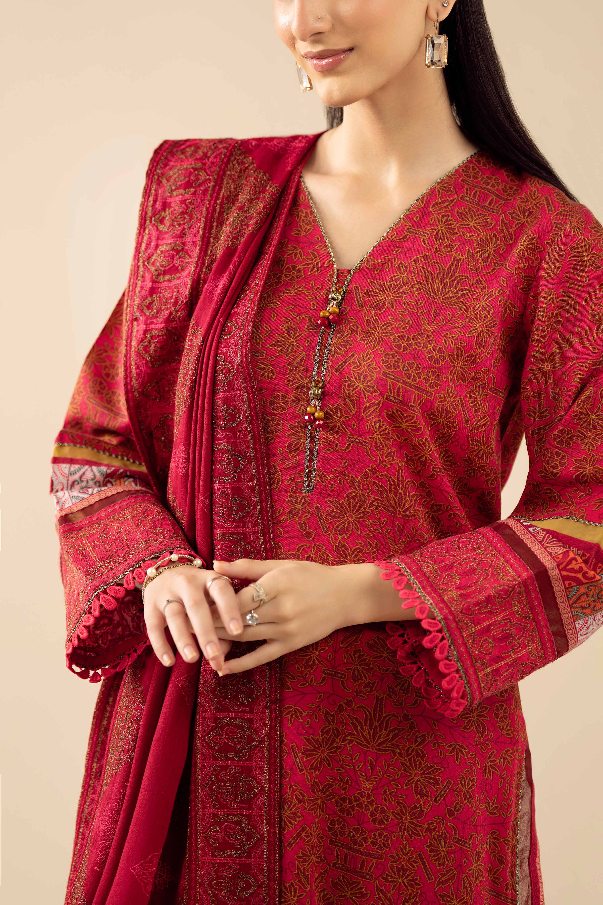 NishatUK - Red Embroidered Karandi 3-piece ready to wear Suit