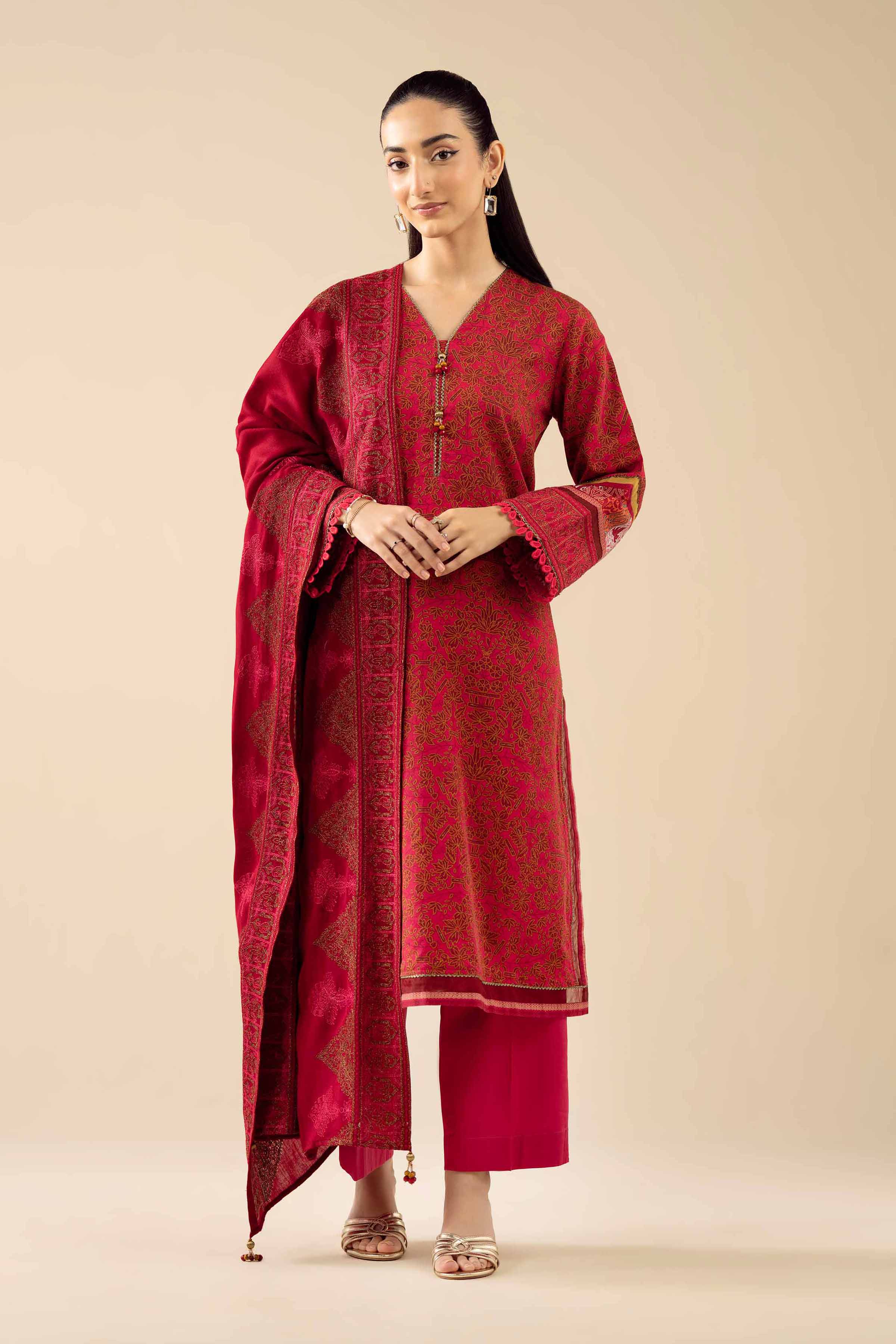 NishatUK - Red Embroidered Karandi 3-piece ready to wear Suit