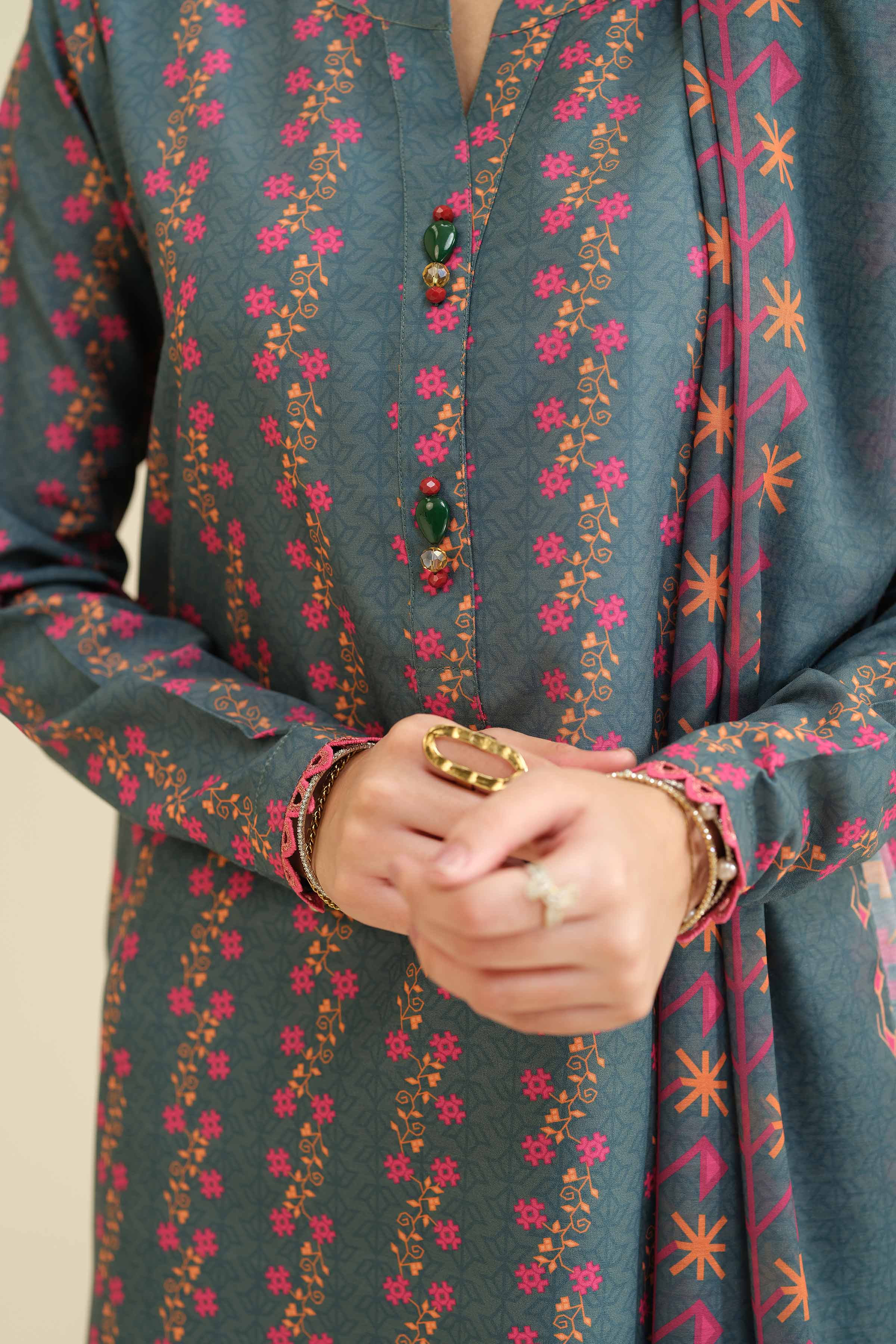 NishatUK - Green Printed Lawn 3-piece ready to wear Suit