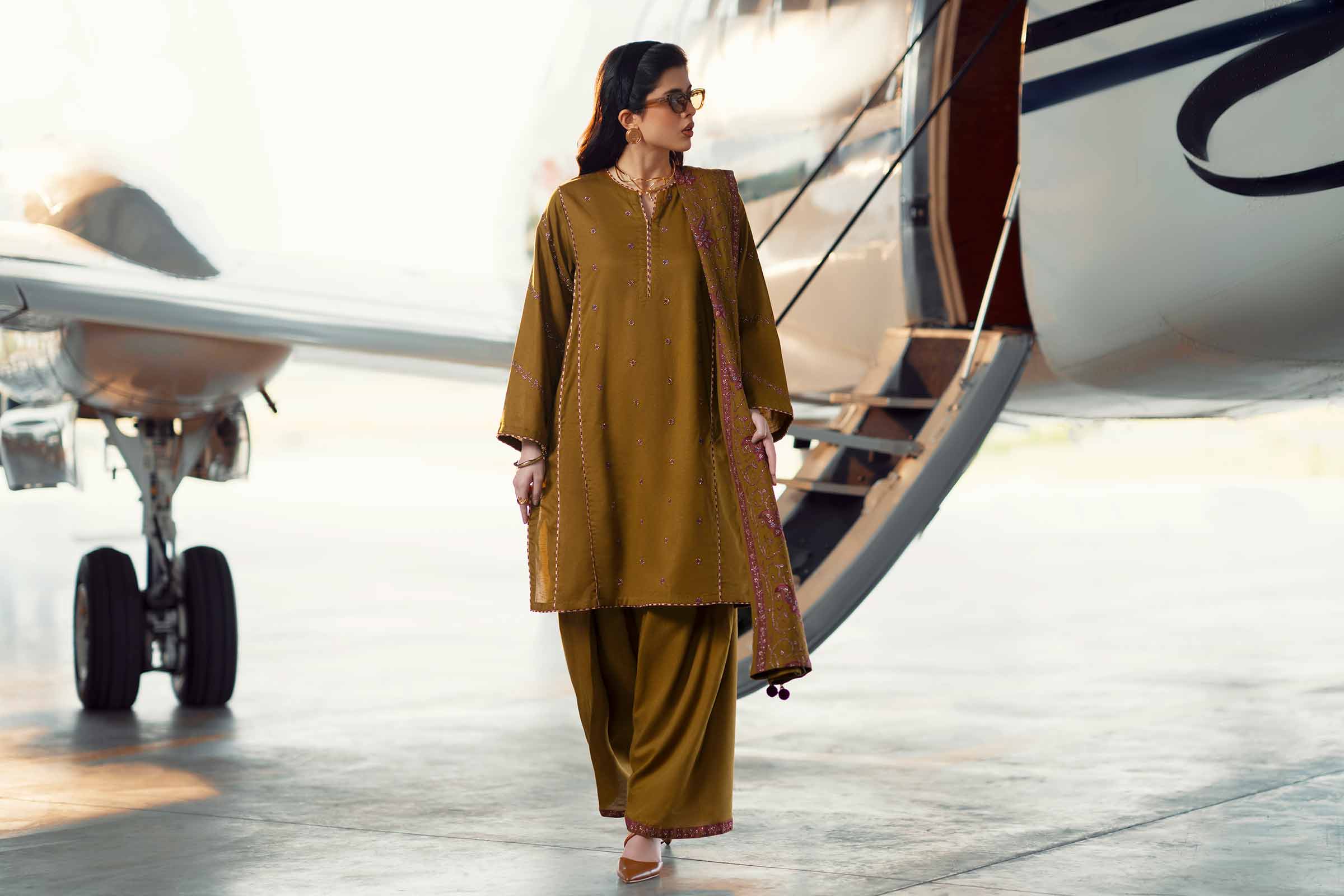 NishatUK - Olive Embroidered Karandi 3-piece ready to wear Suit