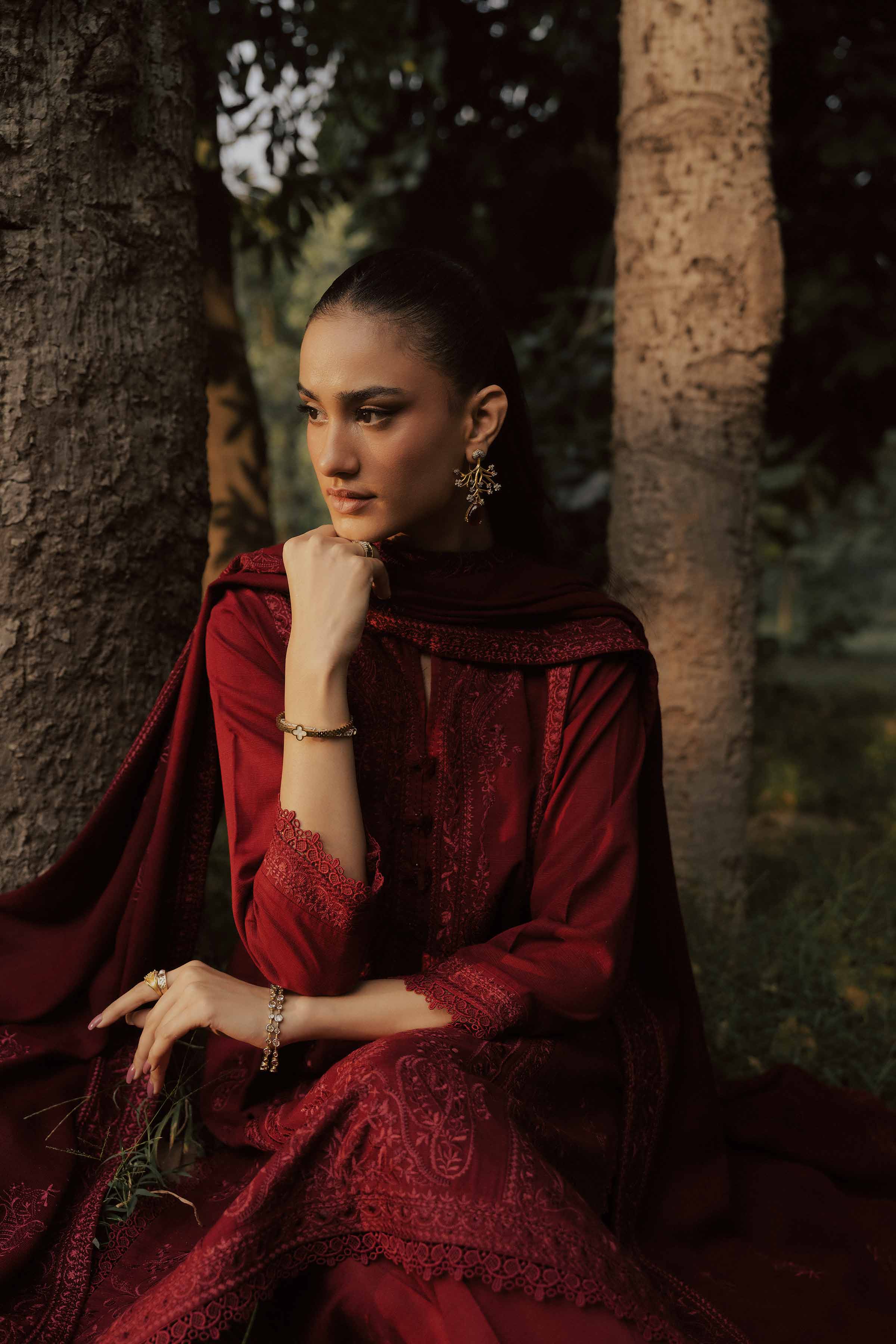 NishatUK - Red Embroidered Karandi 3-piece ready to wear suit