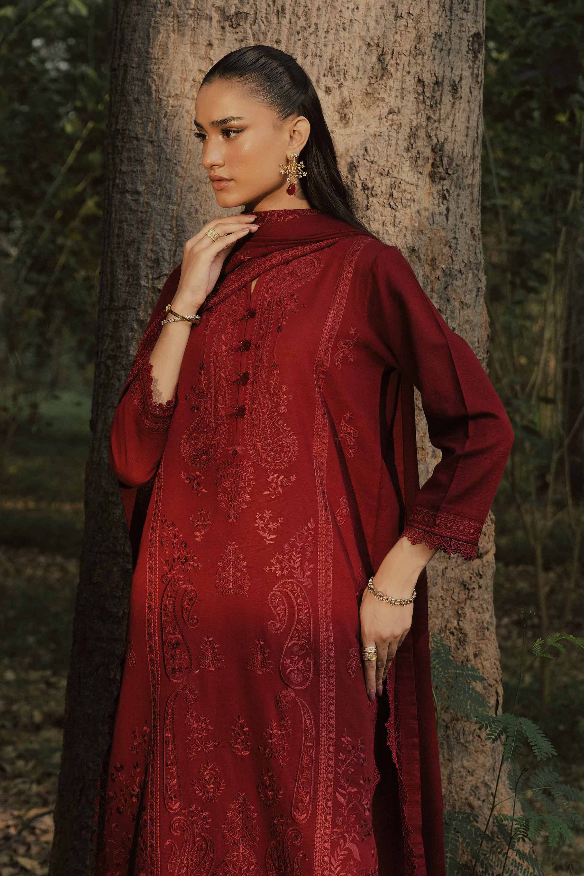 NishatUK - Red Embroidered Karandi 3-piece ready to wear suit