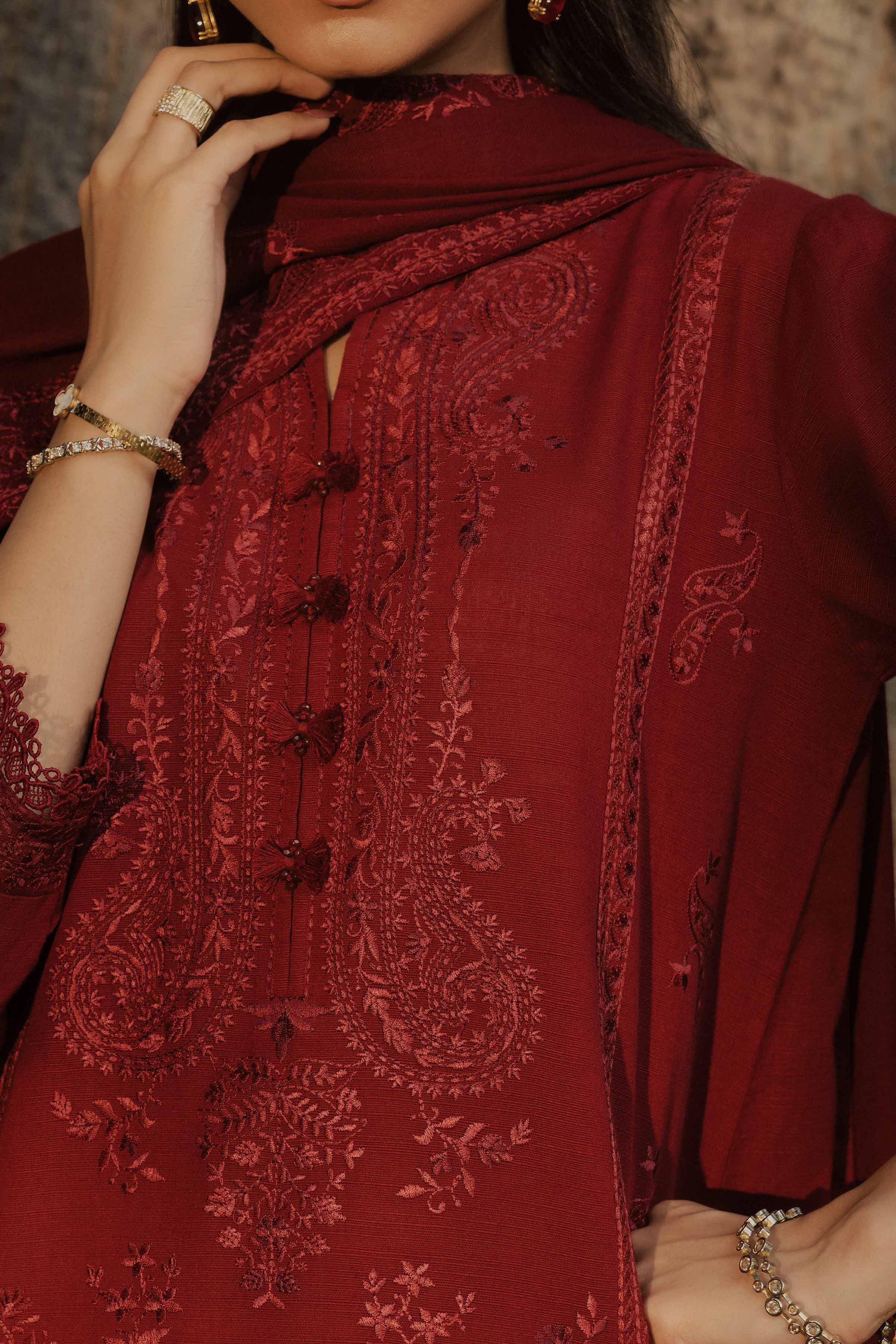 NishatUK - Red Embroidered Karandi 3-piece ready to wear suit