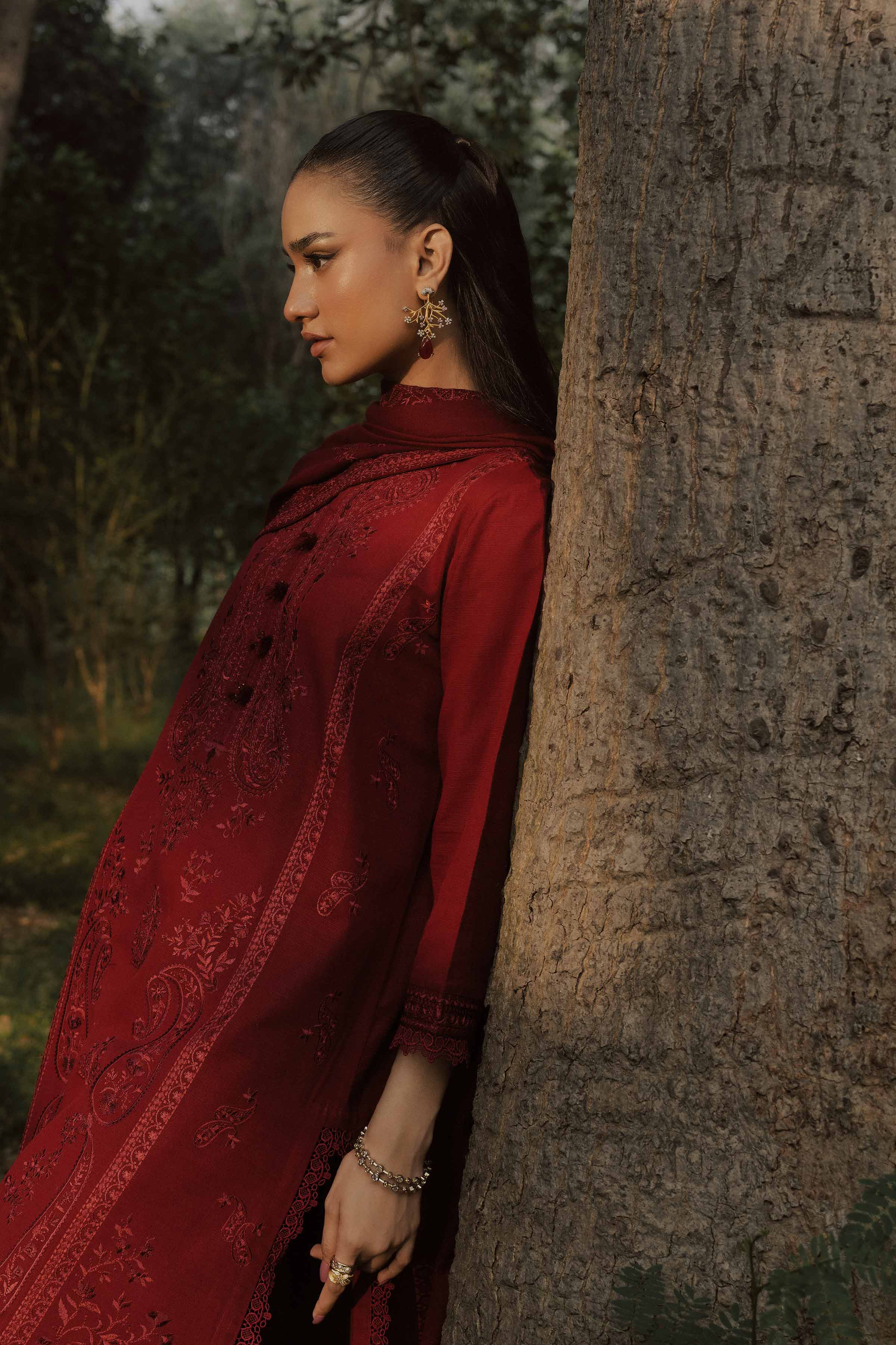 NishatUK - Red Embroidered Karandi 3-piece ready to wear suit