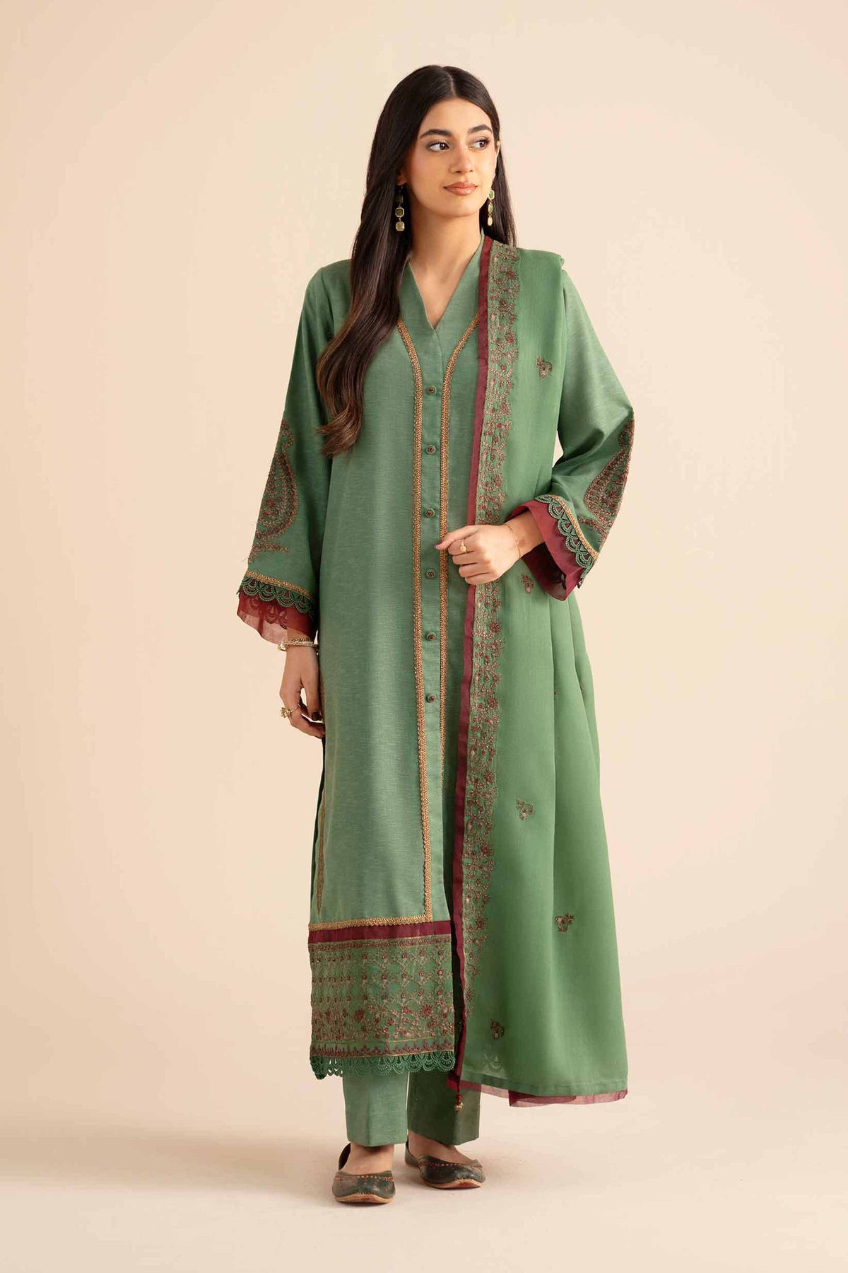 Nishat UK - Green Embroidered Karandi 3 Pieces ready to wear Suit