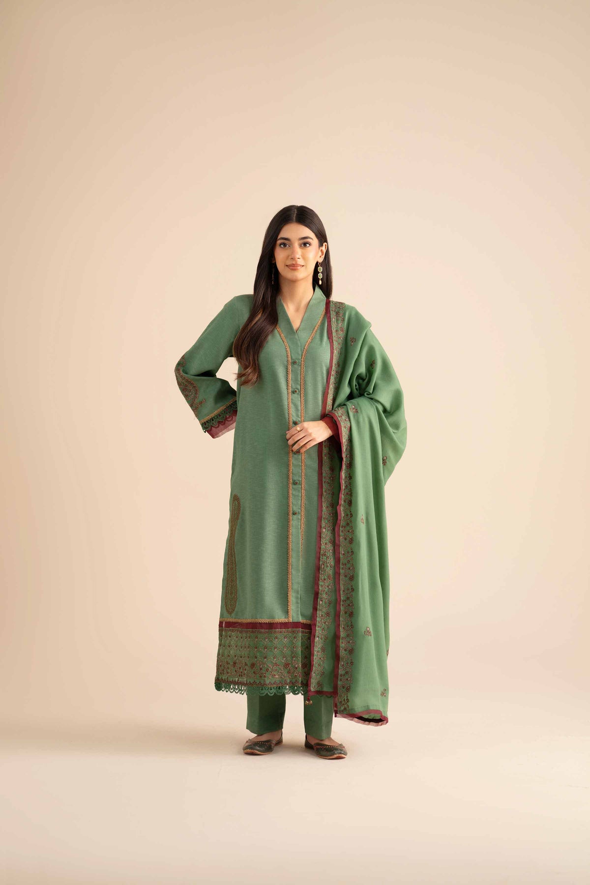 Nishat UK - Green Embroidered Karandi 3 Pieces ready to wear Suit